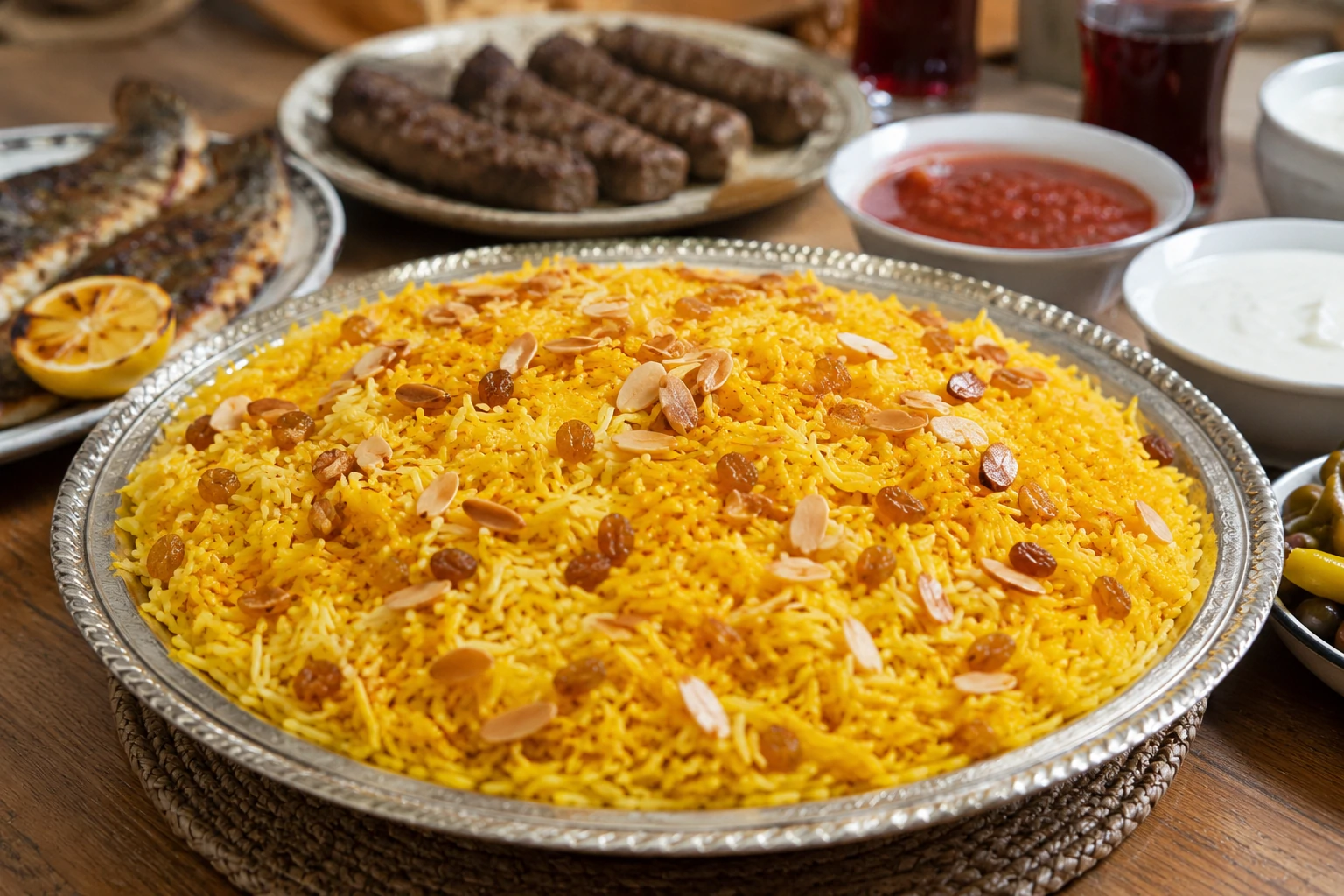 طبق أرز كويتي بالزعفران واللوز المحمص، حبات أرز بسمتي ذهبية مفلفلة مع لوز مقرمش وزبيب ذهبي، يقدم في طبق كبير بجانب سمك مشوي وكباب ومشروبات