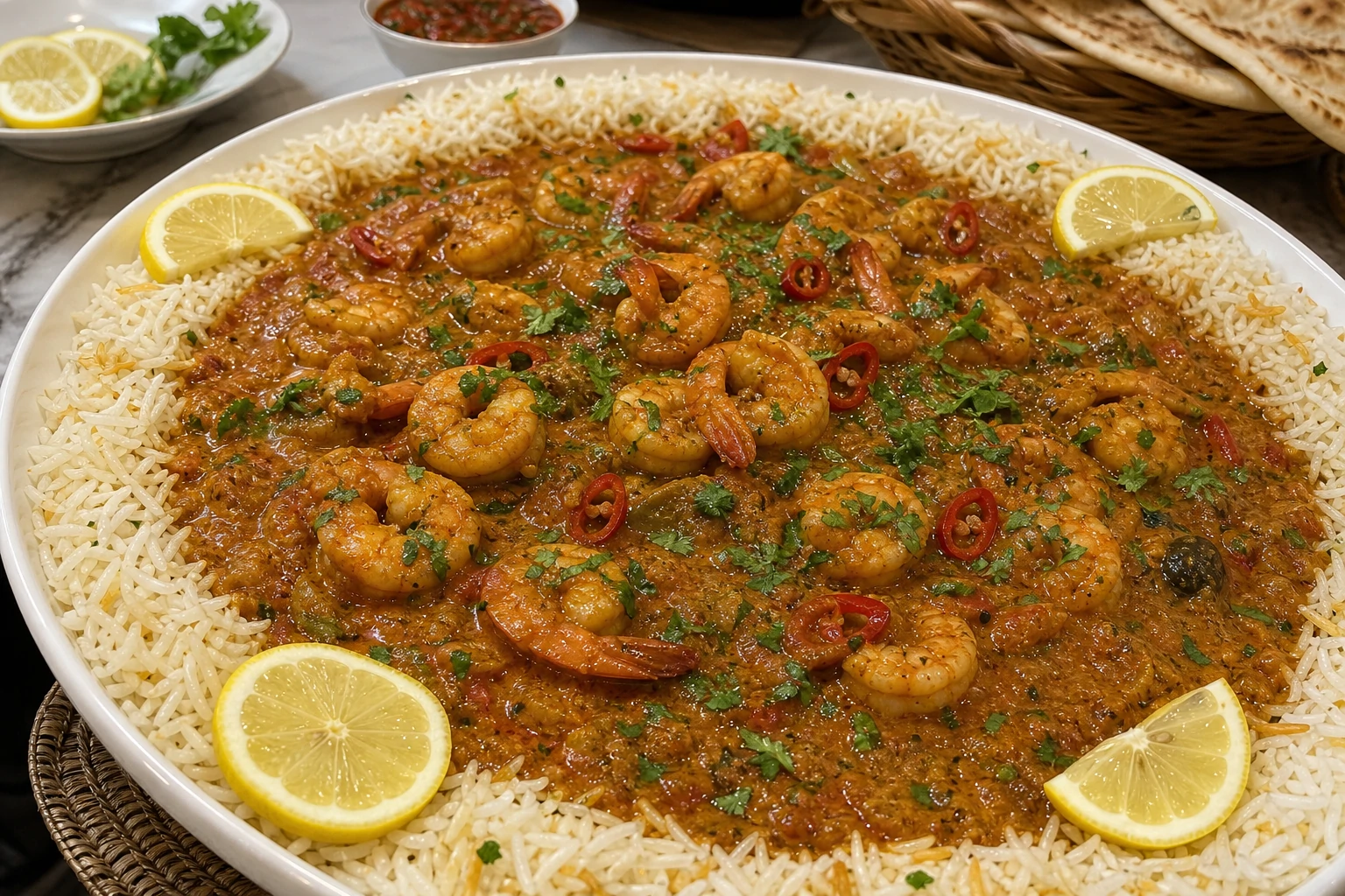 طبق مموش روبيان كويتي كريمي القوام مع الأرز الأبيض وشرائح الليمون، يزين بالكزبرة الخضراء والفلفل الأحمر الحار