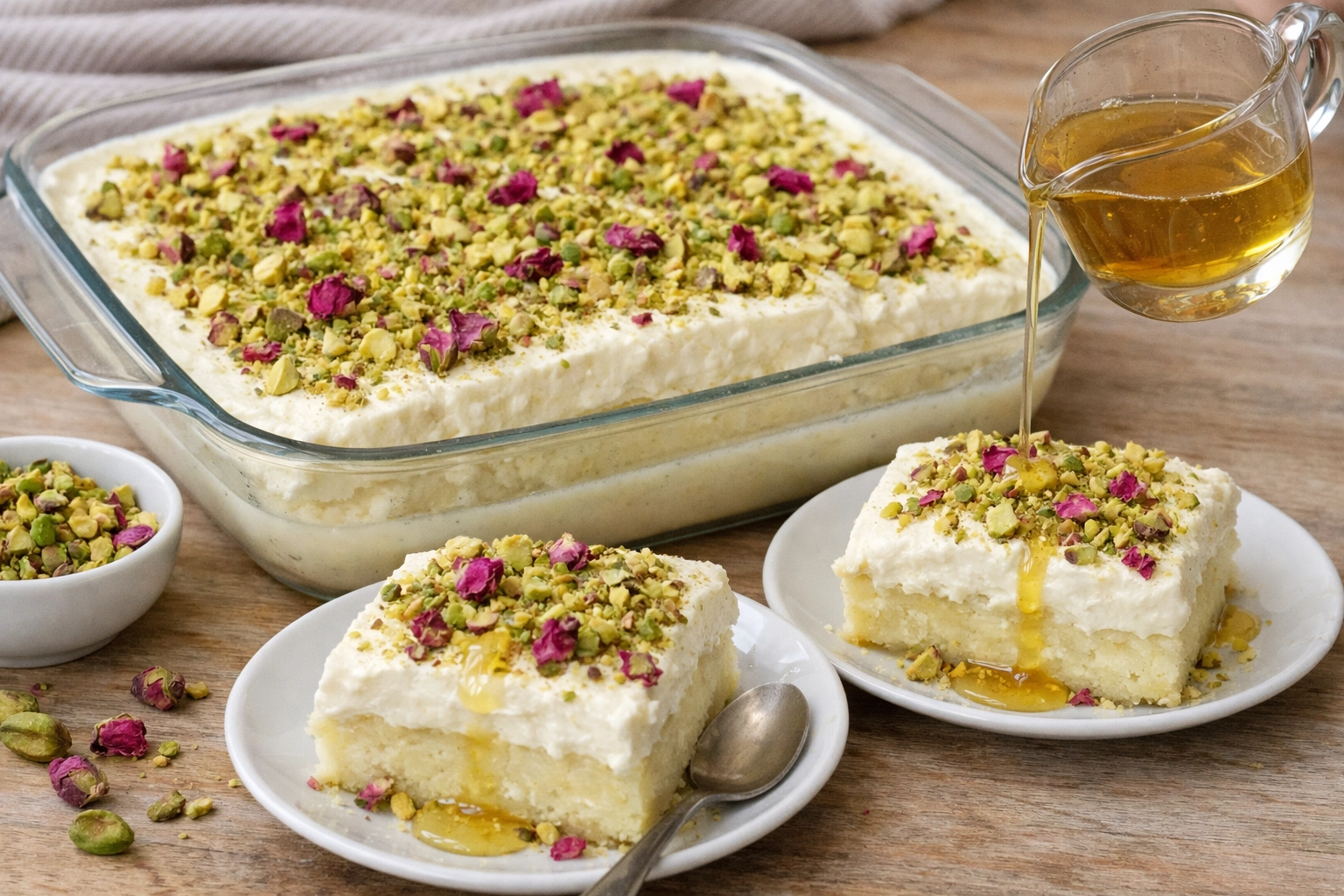 طريقة-عمل-طبق بايركس مربع به طبقات من حلى السميد الأبيض الكريمي (ليالي لبنان) مغطاة بطبقة سميكة من القشطة الطازجة، ومزينة بالفستق الحلبي المجروش والورد المجفف، مع سكب شيرة ذهبية على الجانب