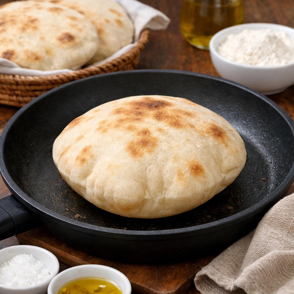 طريقة-عمل-خبز عربي لبناني منزلي مخبوز في المقلاة مع انتفاخ مثالي