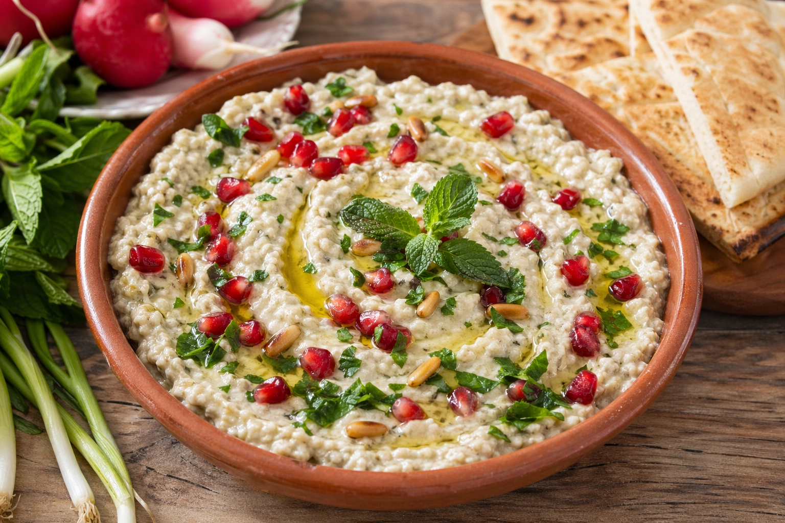 طريقة-عمل-طبق متبل لبناني في صحن فخاري مسطح، الباذنجان المدخن مهروس بقوام كريمي ناعم ممزوج بالطحينة واللبن، مزين بخطوط من زيت الزيتون البكر، حبات الرمان الحمراء، وأوراق النعناع الطازج، مع خبز عربي محمص على الجانب