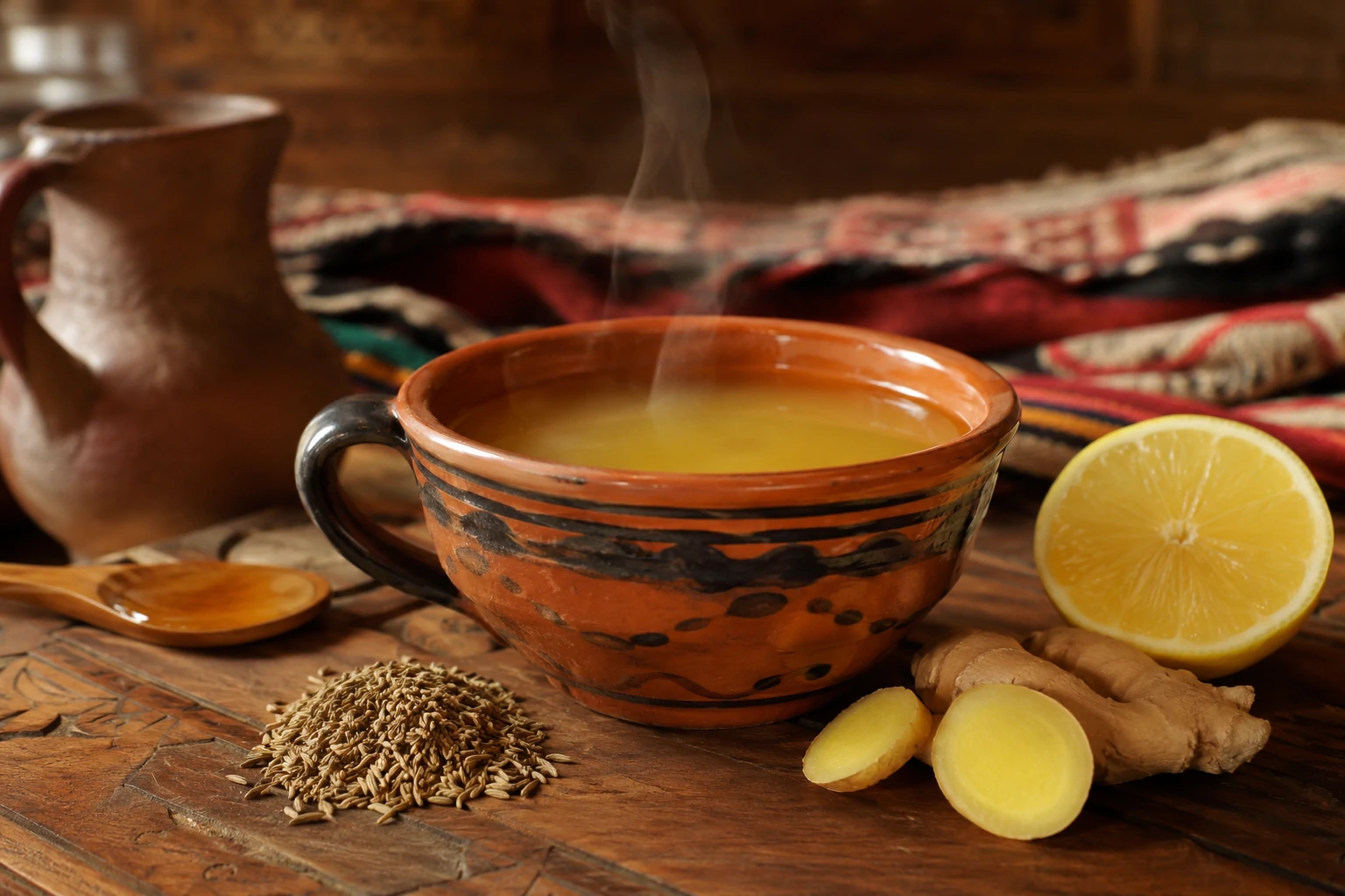فنجان فخاري ليبي من مشروب الكمون الساخن بالليمون والزنجبيل بلون أصفر ذهبي، بجانبه بذور كمون وشرائح زنجبيل طازجة وليمون على طاولة خشبية ليبية تقليدية