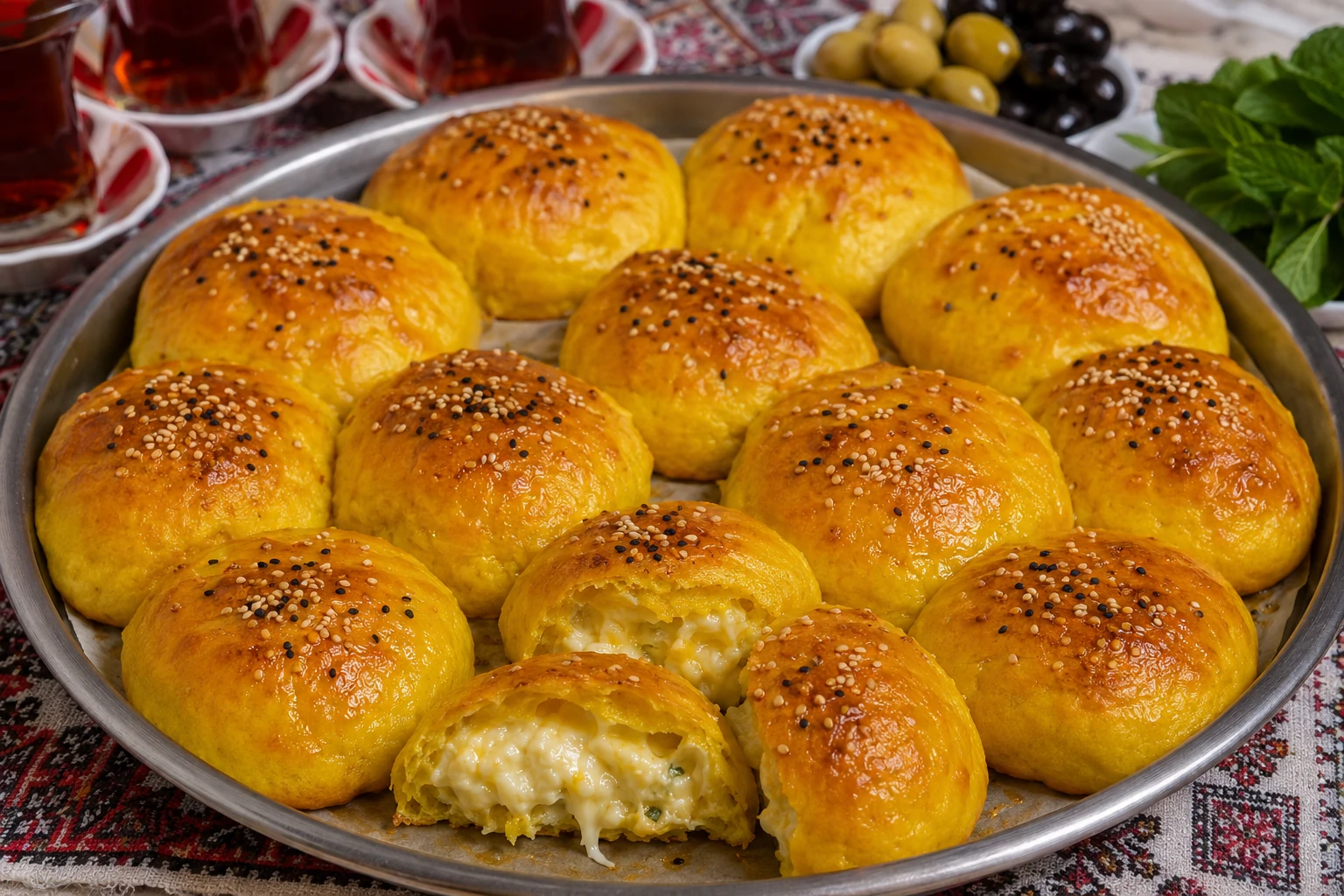 صينية معجنات زعفران ليبية ذهبية محشوة بالجبنة الذائبة، تظهر اللون الذهبي الجميل والحشوة الغنية، تقدم مع الشاي والنعناع على مائدة ليبية