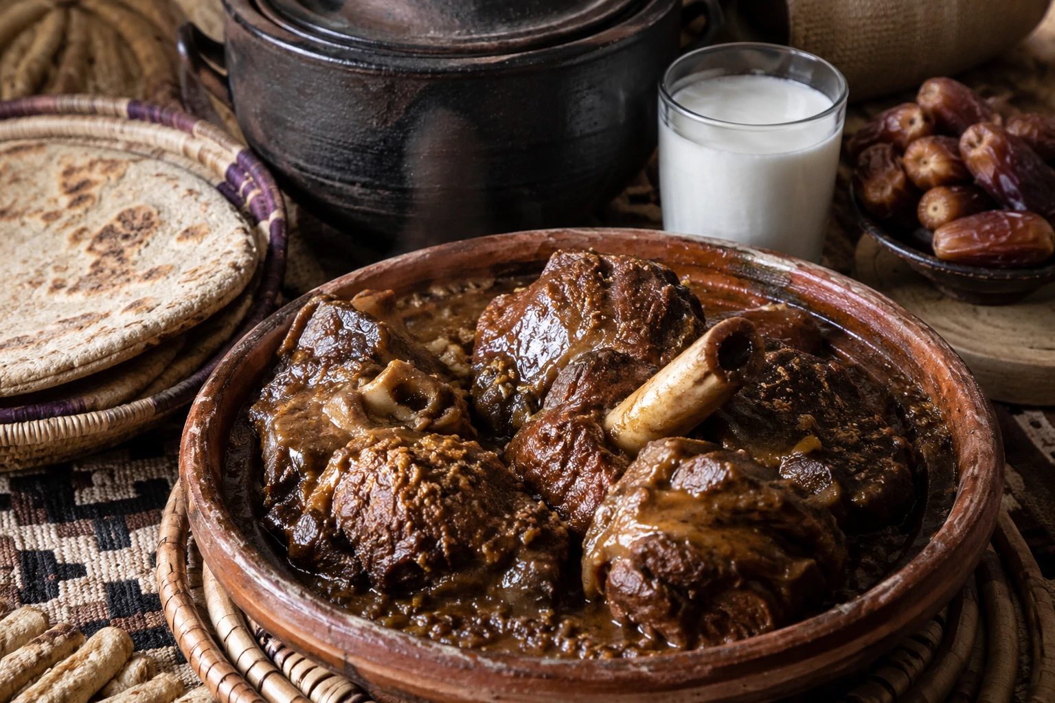 لحم مطبوخ ببطء بالكراوية والثوم في طبق تقليدي موريتاني مع رمل ناعم، يقدم مع الخبز الصحراوي والتمر والحليب