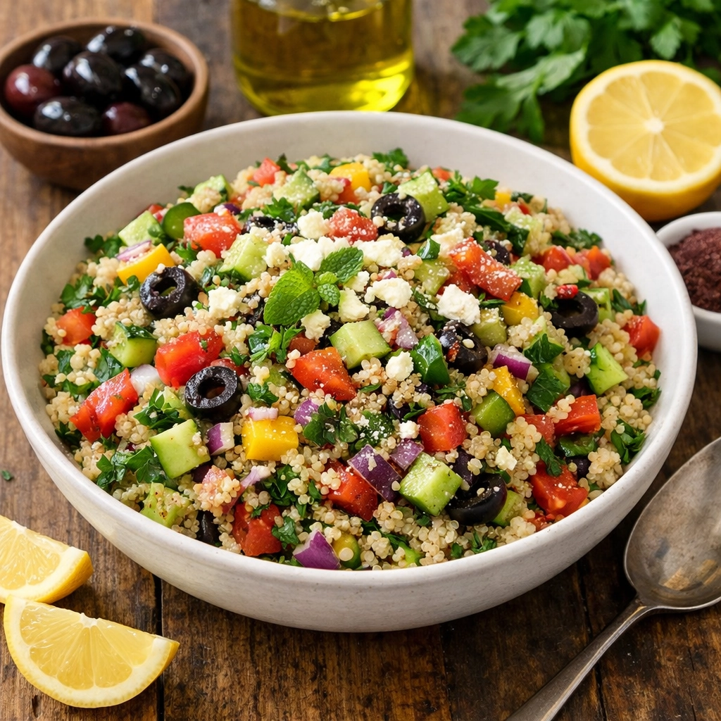 طريقة-عمل-سلطة كينوا يونانية غنية بالخضار الطازجة والأعشاب والليمون وزيت الزيتون، طبق صحي زاهي الألوان يصلح للغداء أو العشاء الخفيف