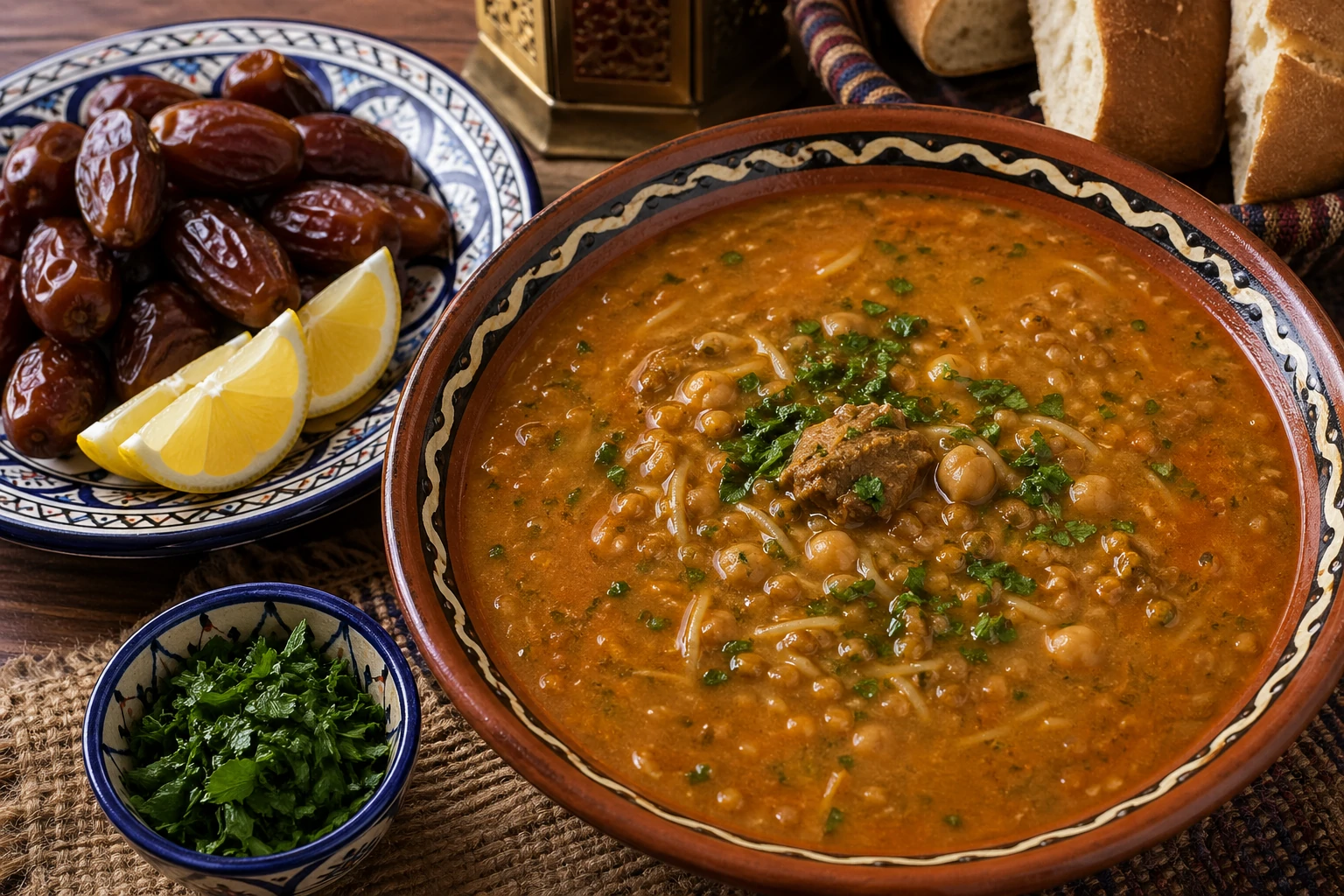 طبق شوربة حريرة مغربية أصيلة بالحمص والعدس والشعيرية بقوام سميك، بجانبها تمر وليمون، ومزينة بالكرفس والبقدونس
