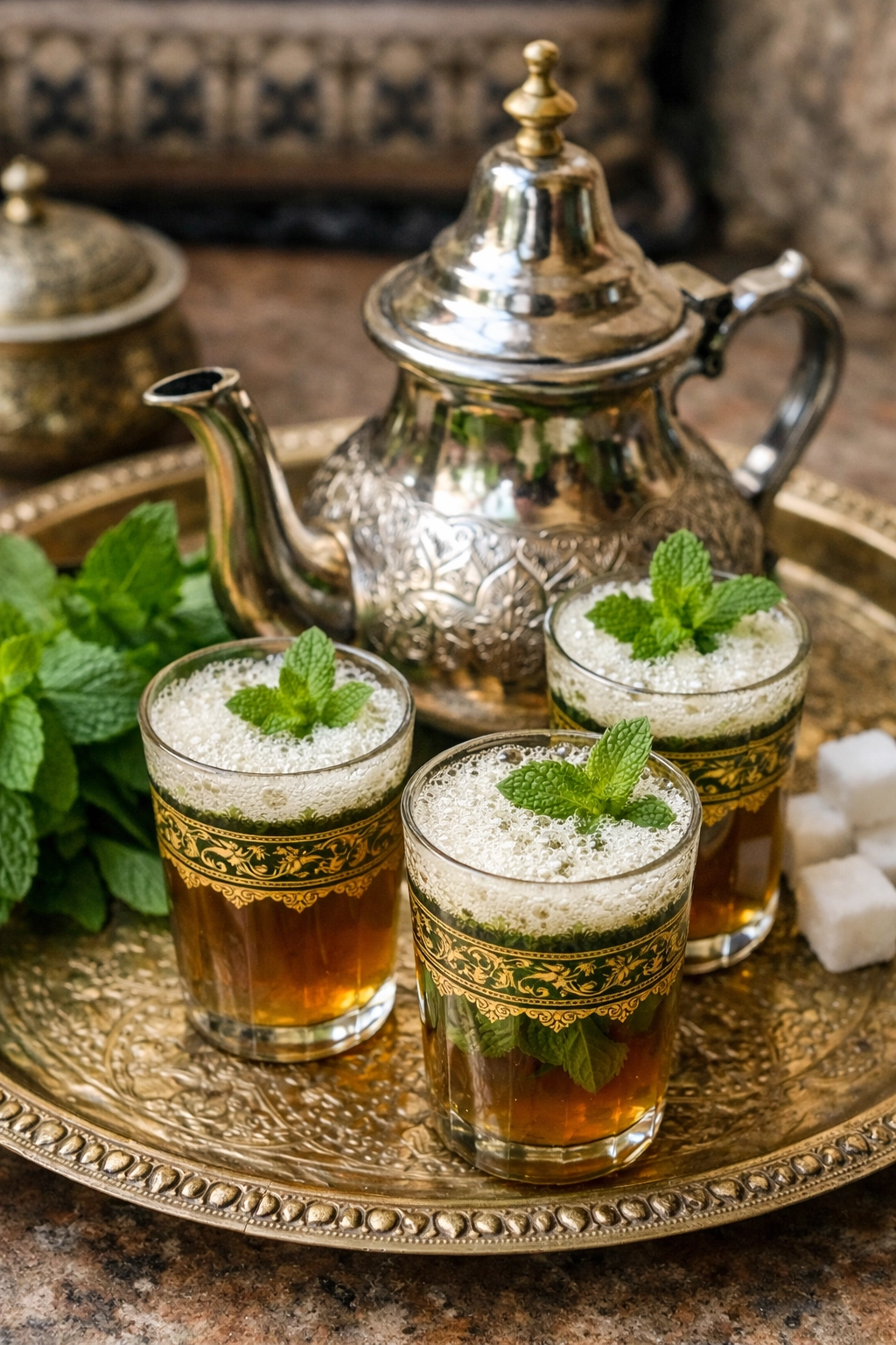 طريقة-عمل-شاي مغربي بالنعناع يُحضَّر بالطريقة التقليدية ويُقدَّم ساخنًا برغوة خفيفة