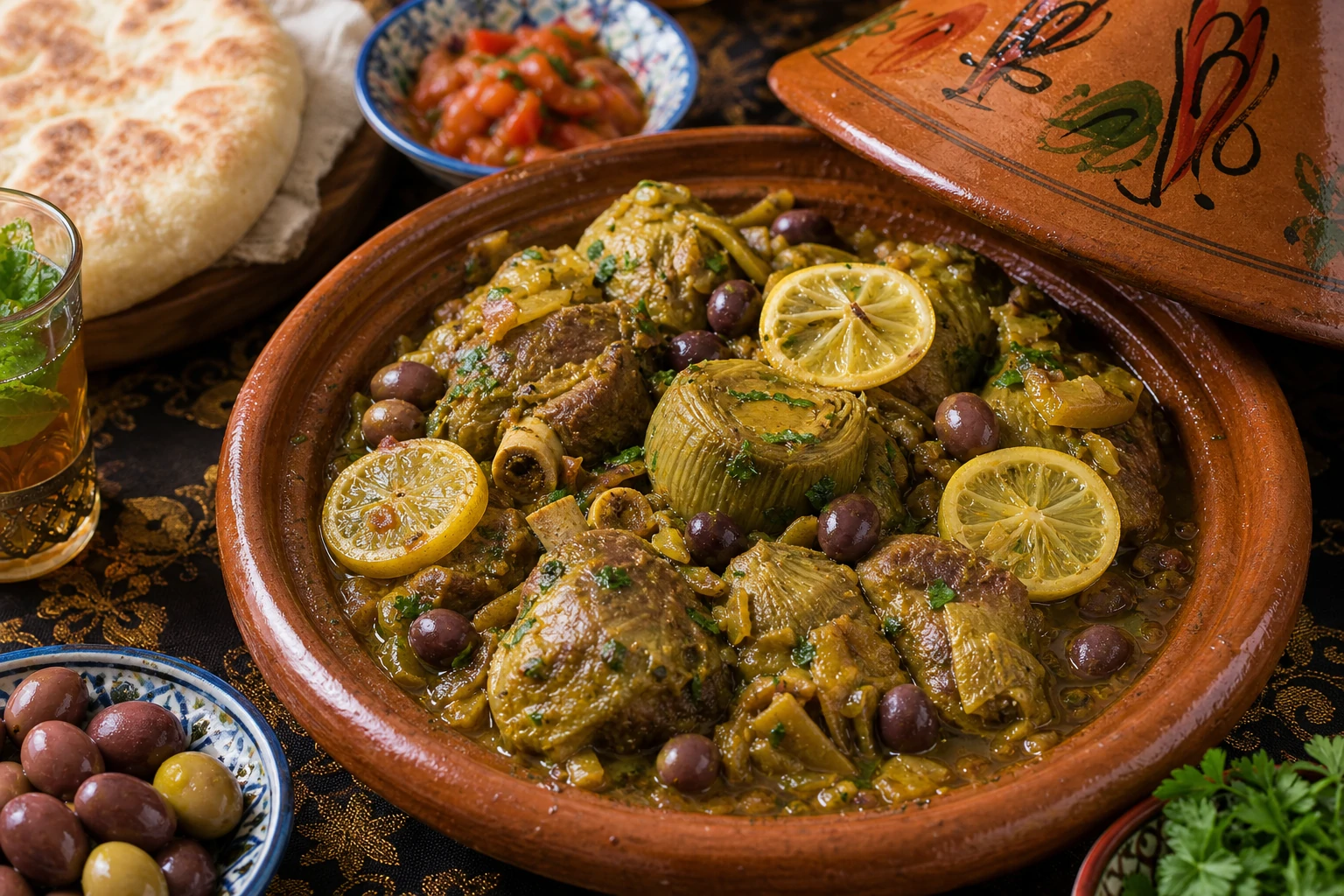 طاجين خرشوف مغربي باللحم والزيتون في إناء فخاري، مع شرائح ليمون معصفر وصلصة ذهبية كثيفة، مقدم على مائدة مغربية تقليدية مع خبز على الجانب