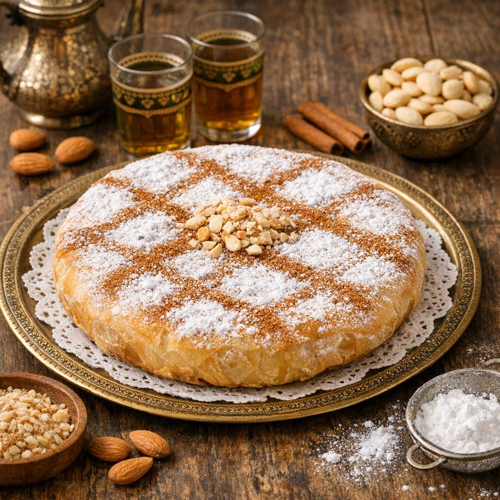 طريقة-عمل-بسطيلة مغربية محشوة باللوز والقرفة ومغطاة بالسكر البودرة