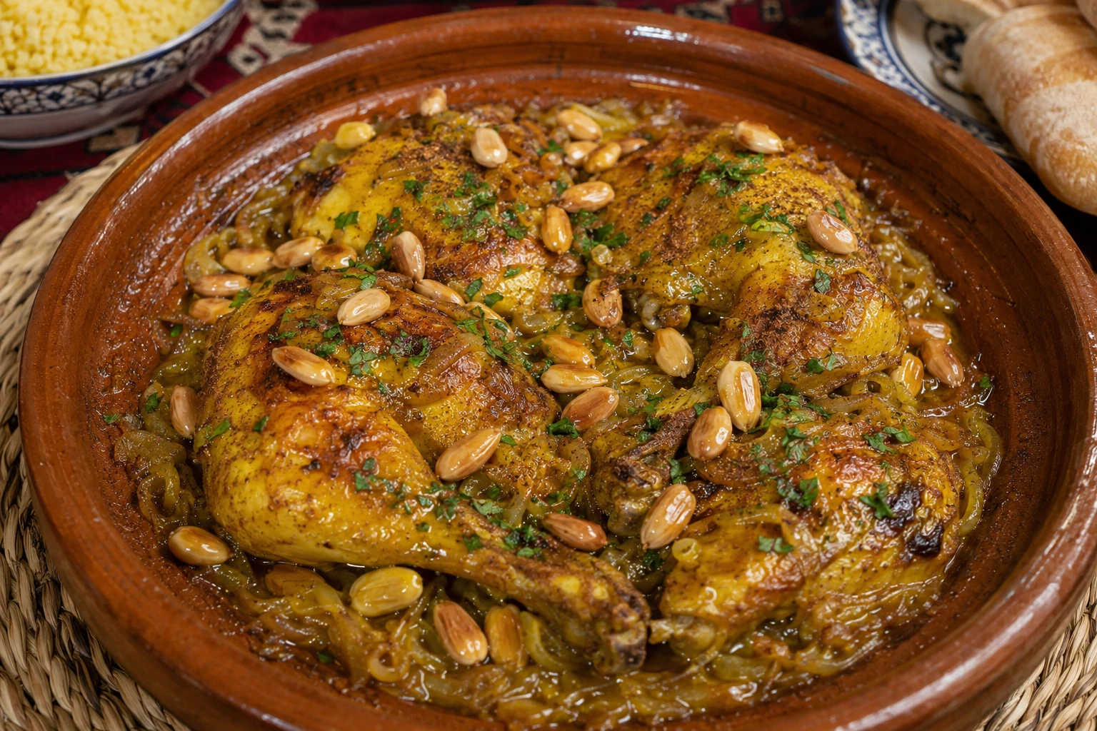 طبق دجاج مغربي مشوي في الفرن بالزعفران واللوز والقرفة، بصلصة ذهبية غنية ومزين باللوز المحمص والبقدونس، يقدم في طاجن فخاري على مائدة مغربية تقليدية