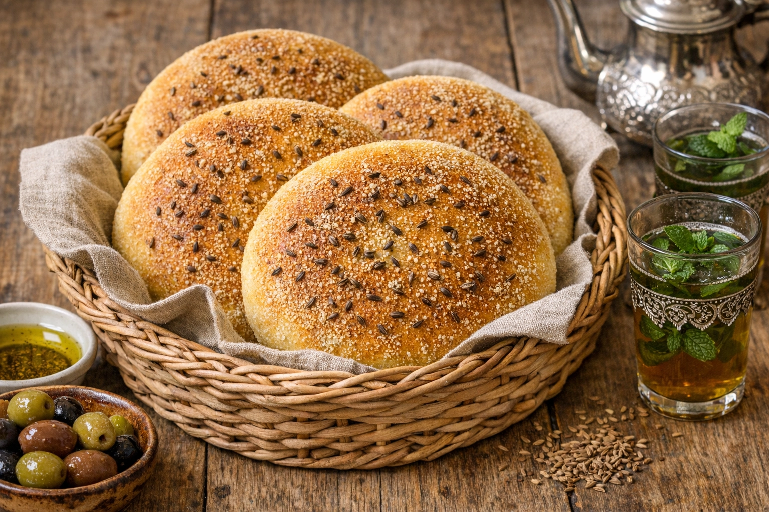 طريقة-عمل-أرغفة خبز الدار المغربي ذهبية اللون ومستديرة مع رشة سميد على الوجه وبذور اليانسون، موضوعة في سلة من الخيزران مع كؤوس شاي نعناع