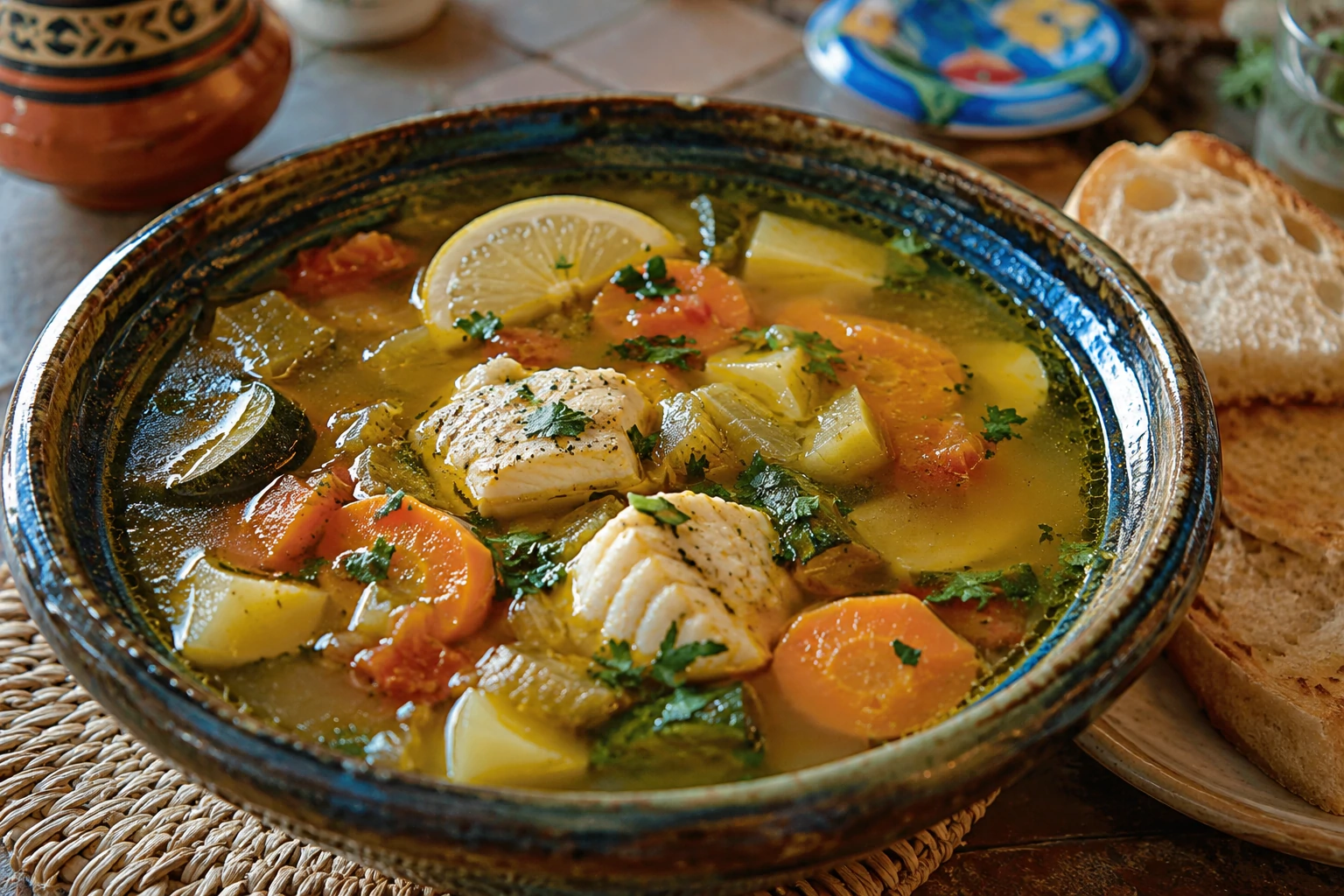 طريقة-عمل-شوربة سمك مغربية صافية وذهبية بالخضار والزعفران، قطع سمك طريّة وجزر وكوسا في مرق شفاف مع أعواد الكرفس والكزبرة الطازجة