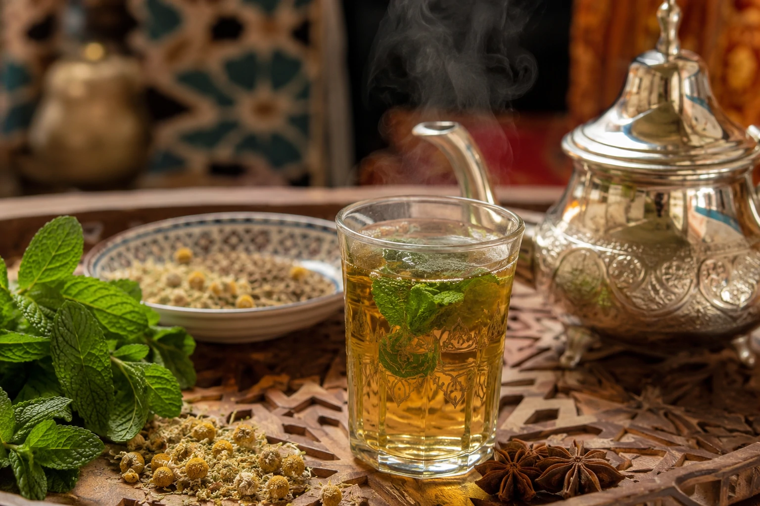 كأس شاي أعشاب مغربي ذهبي فاتح بالبابونج واليانسون والنعناع الطازج، يتصاعد منه بخار دافئ، مع إبريق فضي تقليدي وزهور بابونج مجففة وأوراق نعناع أخضر وبذور يانسون نجمي على طاولة مغربية منحوتة