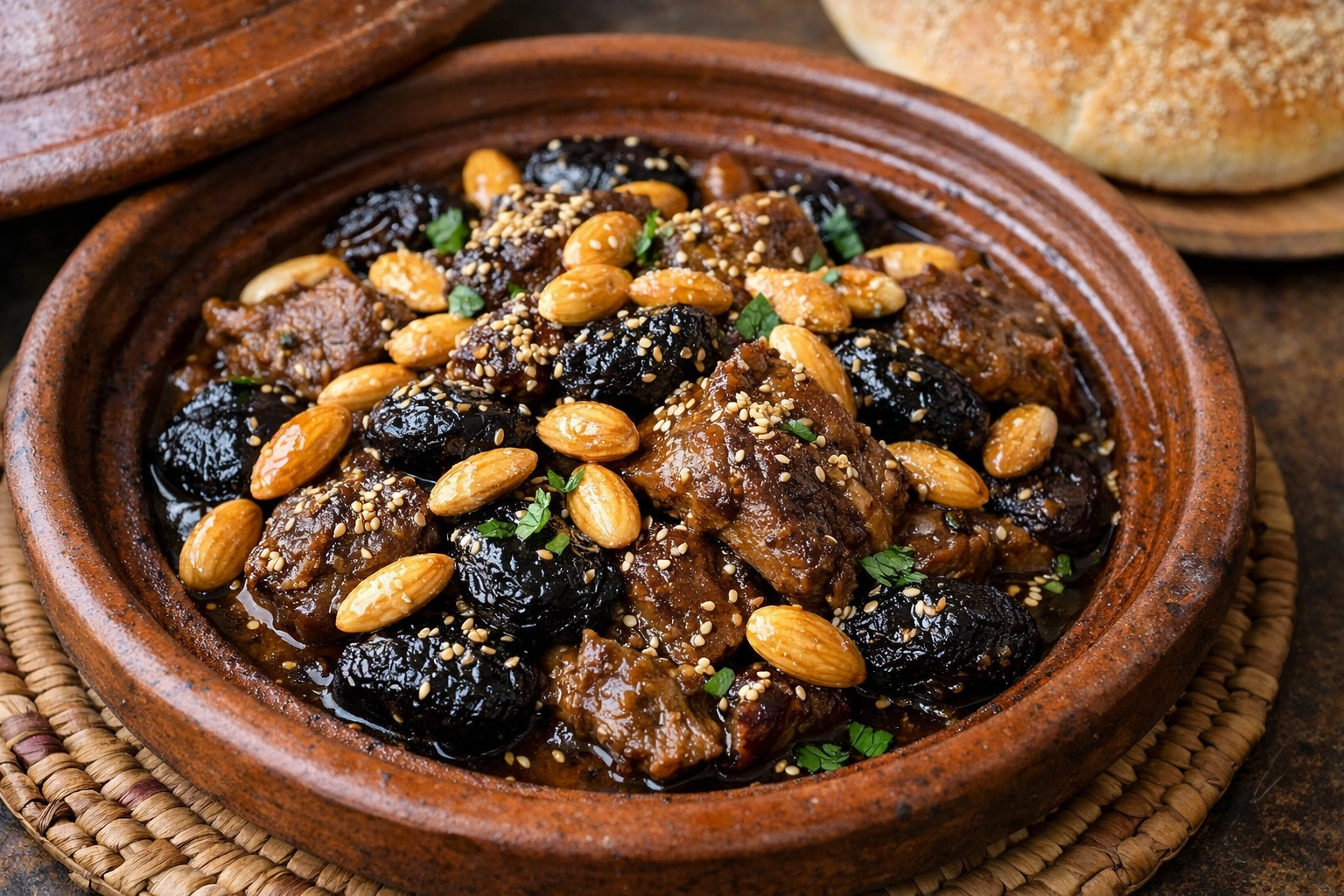 طريقة-عمل-طاجين مغربي تقليدي باللحم والبرقوق واللوز المحمص مع رشة سمسم، يقدم في طبق طاجين فخاري