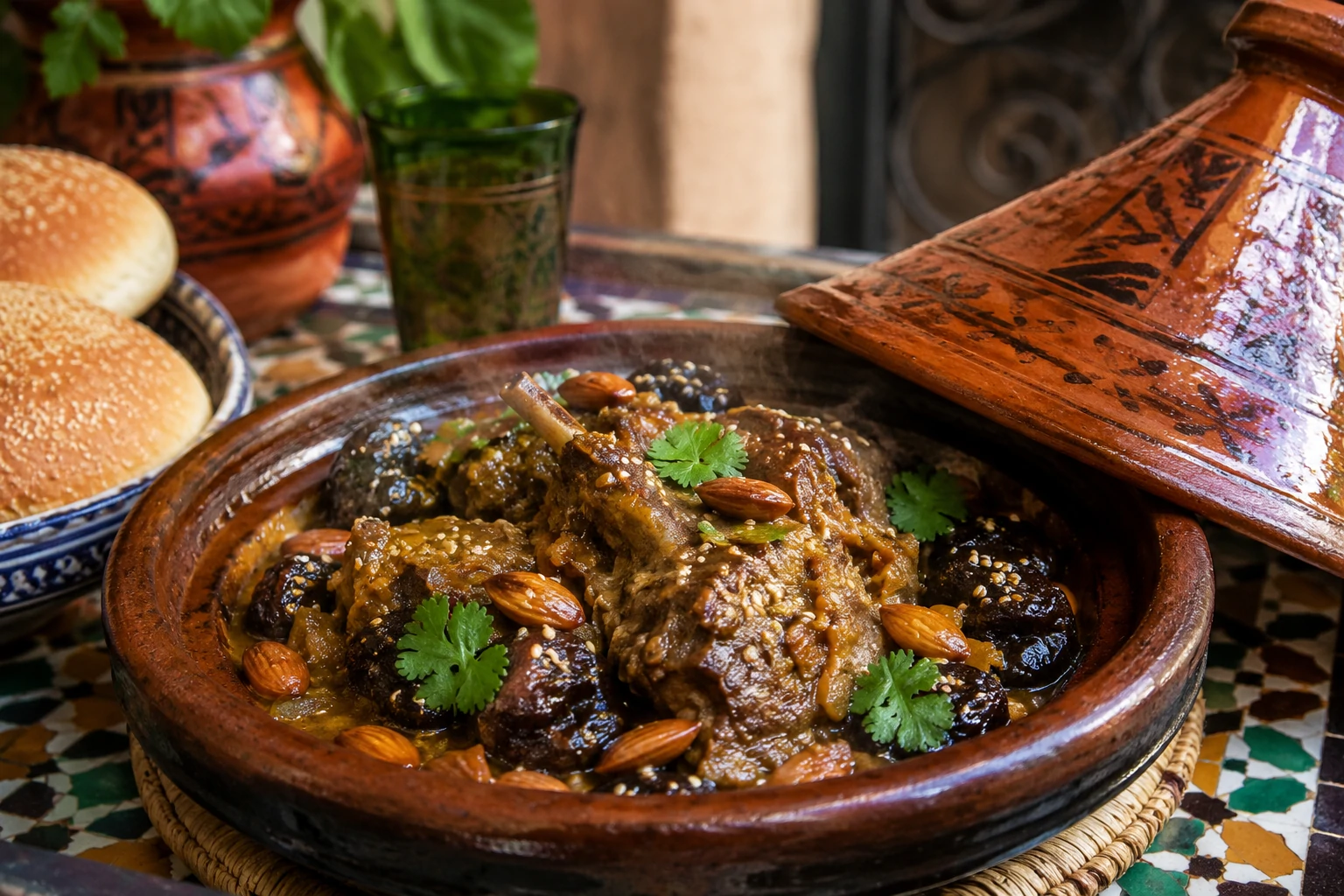 طاجن فخاري مغربي تقليدي مخروطي الغطاء، يقدم قطع لحم غنم طرية تتساقط من العظم في صلصة بنية لامعة بالعسل والقرفة والزعفران، محاطة بحبات البرقوق المطهو الممتلئ واللوز المقلي الذهبي، ويرش فوقه بذور السمسم المحمصة، مع رذاذ زيت الزيتون وأوراق الكزبرة الطازجة، بجانب خبز مغربي دائري على مائدة مراكشية مزخرفة بالزليج