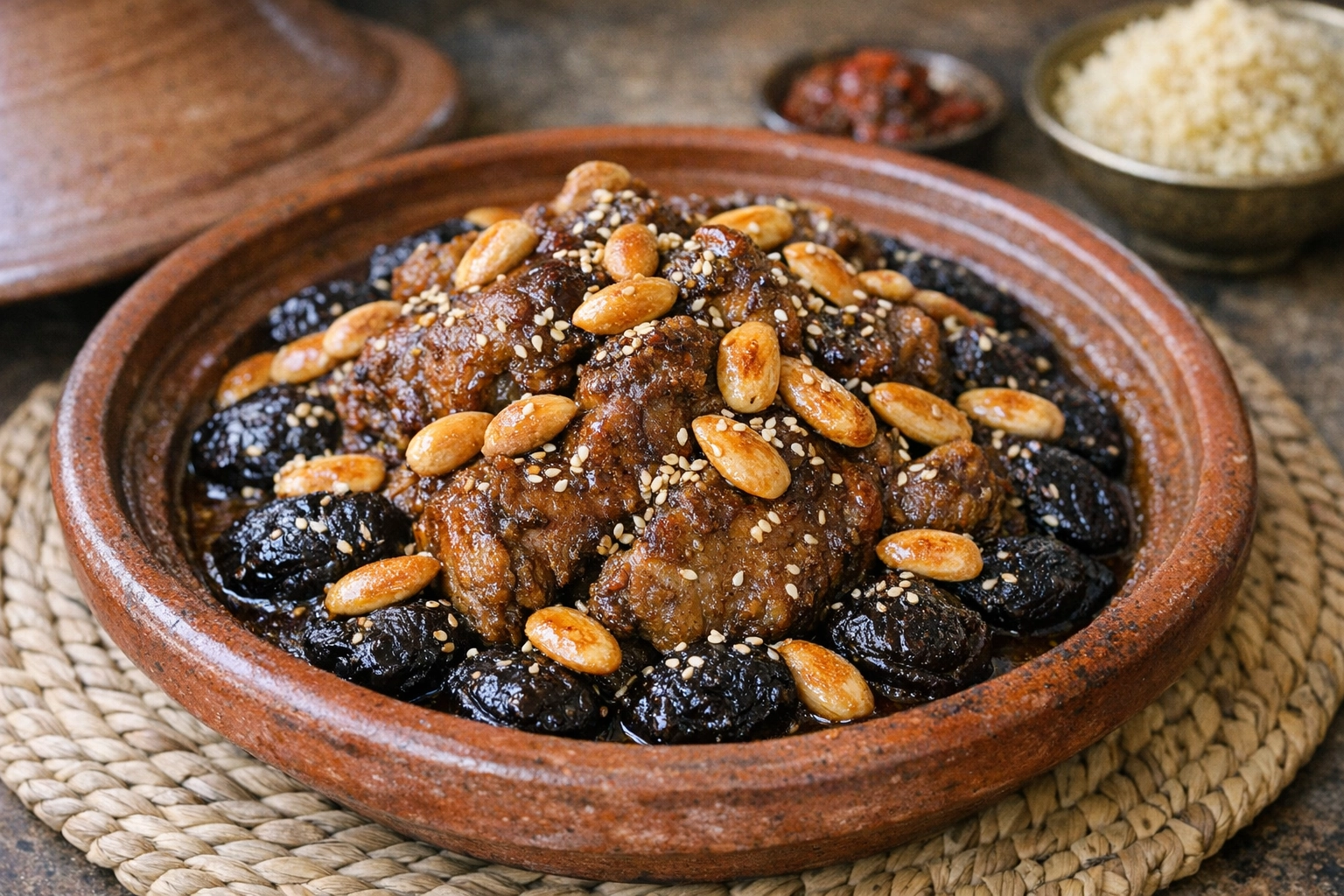 طريقة-عمل-طاجن مغربي تقليدي من الفخار يحتوي على لحم غنم طري ذائب مع برقوق مطهو بالقرفة والزعفران ولوز محمص ذهبي، مزين بالسمسم