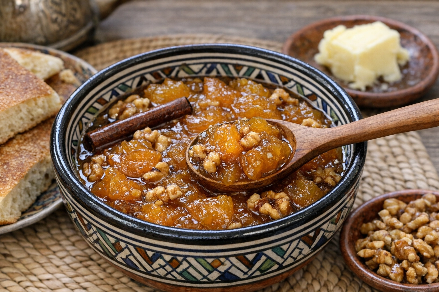 طريقة-عمل-طبق فخار مغربي مزخرف يحتوي على مربى القرع العسلي الذهبي بقطع الجوز والقرفة، مع ملعقة خشب وخبز مغربي محمص وزبدة