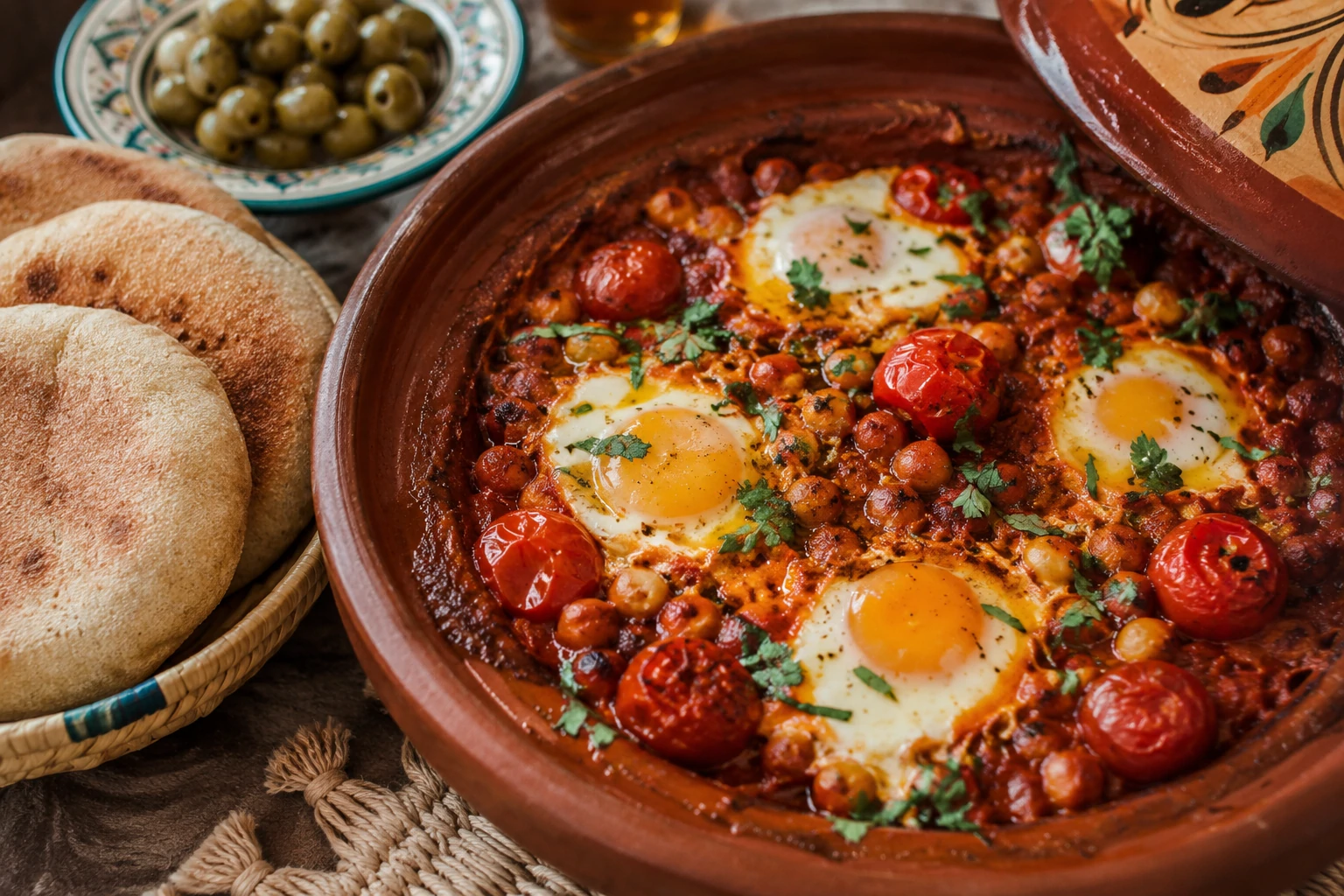 طاجين فخاري مغربي يحتوي على شكشوكة بالحمص والطماطم المحمصة، بيض مخبوز في صلصة حمراء كثيفة مع حبات حمص وطماطم كرزية مشوية، يقدم مع خبز مغربي على مائدة فطور تقليدية
