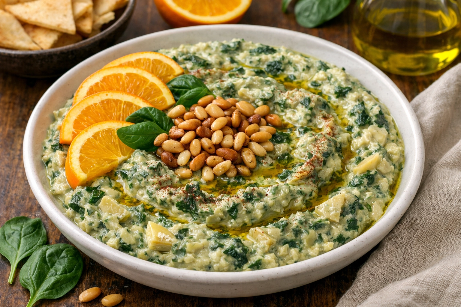 طريقة-عمل-طبق خزفي أبيض يحتوي متبل أرضي شوكي كريمي مخضر مع قطع أرضي شوكي وسبانخ، مزين بشرائح البرتقال الذهبية والصنوبر المحمص وزيت الزيتون
