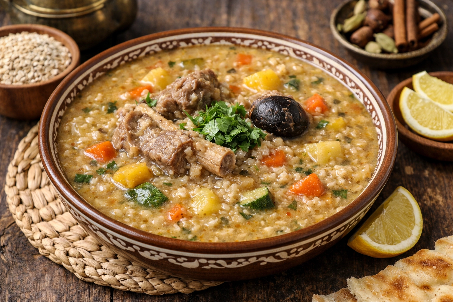 طريقة-عمل-طبق شوربة الشوفان باللحم والخضار السعودية الدافئة في سلطانية تقليدية