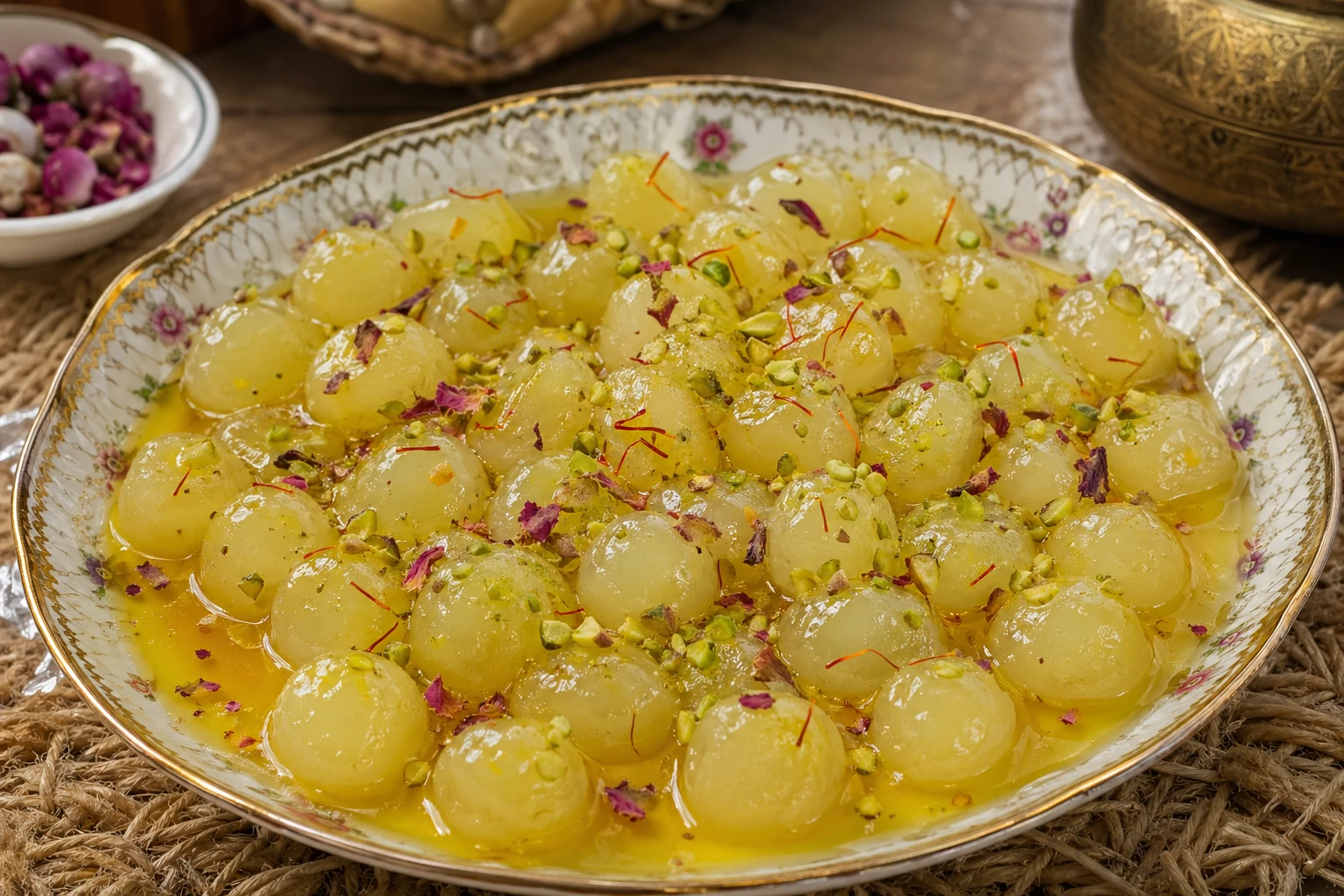 طبق حلوى الجبنة العمانية البيضاء المطاطية في قطر الزعفران والهيل وماء الورد مع فستق حلبي