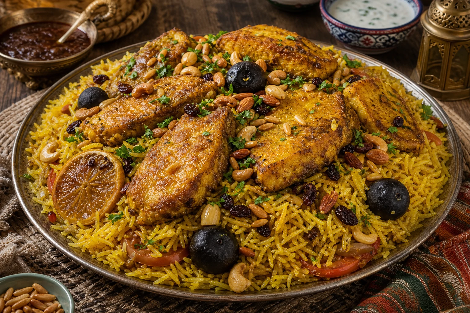 طبق مقلوبة سمك عماني ذهبي يظهر طبقات الأرز البسمتي المفلفل وقطع السمك المقلي المتماسك، مزين باللومي واللوز والصنوبر والبقدونس