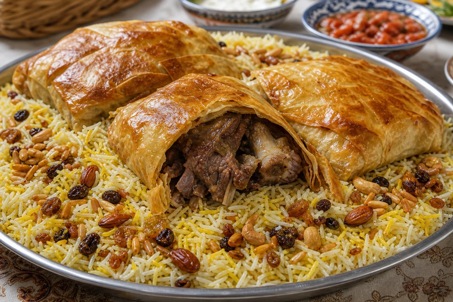 طبق أوزي كويتي ذهبي باللحم المحمّر والأرز البسمتي المفلفل المدخن مع خبز الرقاق المقرمش والمكسرات