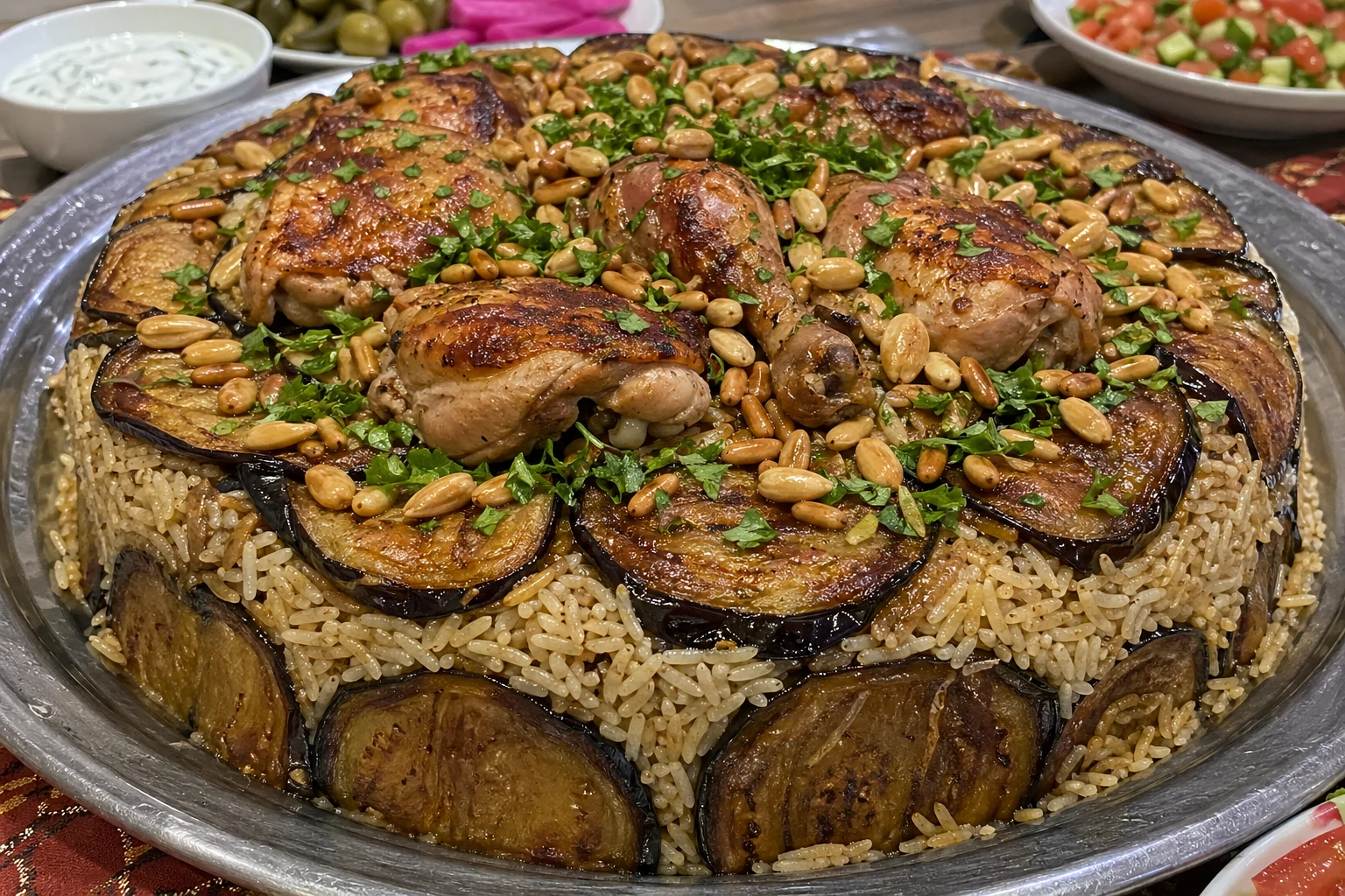 طبق مقلوبة فلسطيني مقلوب بشكل مثالي يظهر طبقات الأرز الأبيض المفلفل والباذنجان الذهبي والدجاج والصنوبر مع بقدونس طازج على الوجه