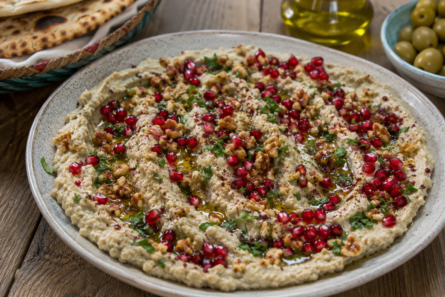طبق بابا غنوج فلسطيني بالرمان والجوز المدخن، باذنجان مشوي ومتبل بالطحينة والليمون، مزين بحب الرمان الياقوتي والجوز المحمص وزيت الزيتون، مع خبز عربي محمص على الجانب