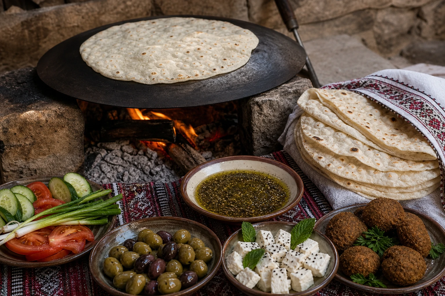 خبز صاج فلسطيني رقيق ومطاطي يخبز على صاج محدب فوق نار الحطب، مع زيت زيتون وزعتر أخضر وقطع جبنة بيضاء على مائدة ريفية فلسطينية تراثية