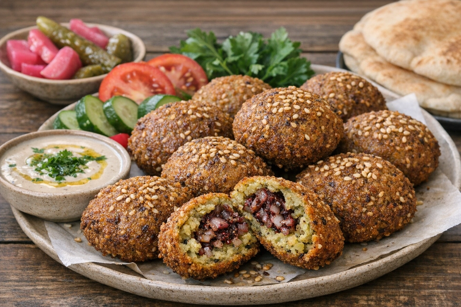 طريقة-عمل-أقراص فلافل فلسطينية ذهبية مقرمشة محشية بالبصل والسماق، تقدم مع الطحينة والخضروات المخللة والخبز العربي