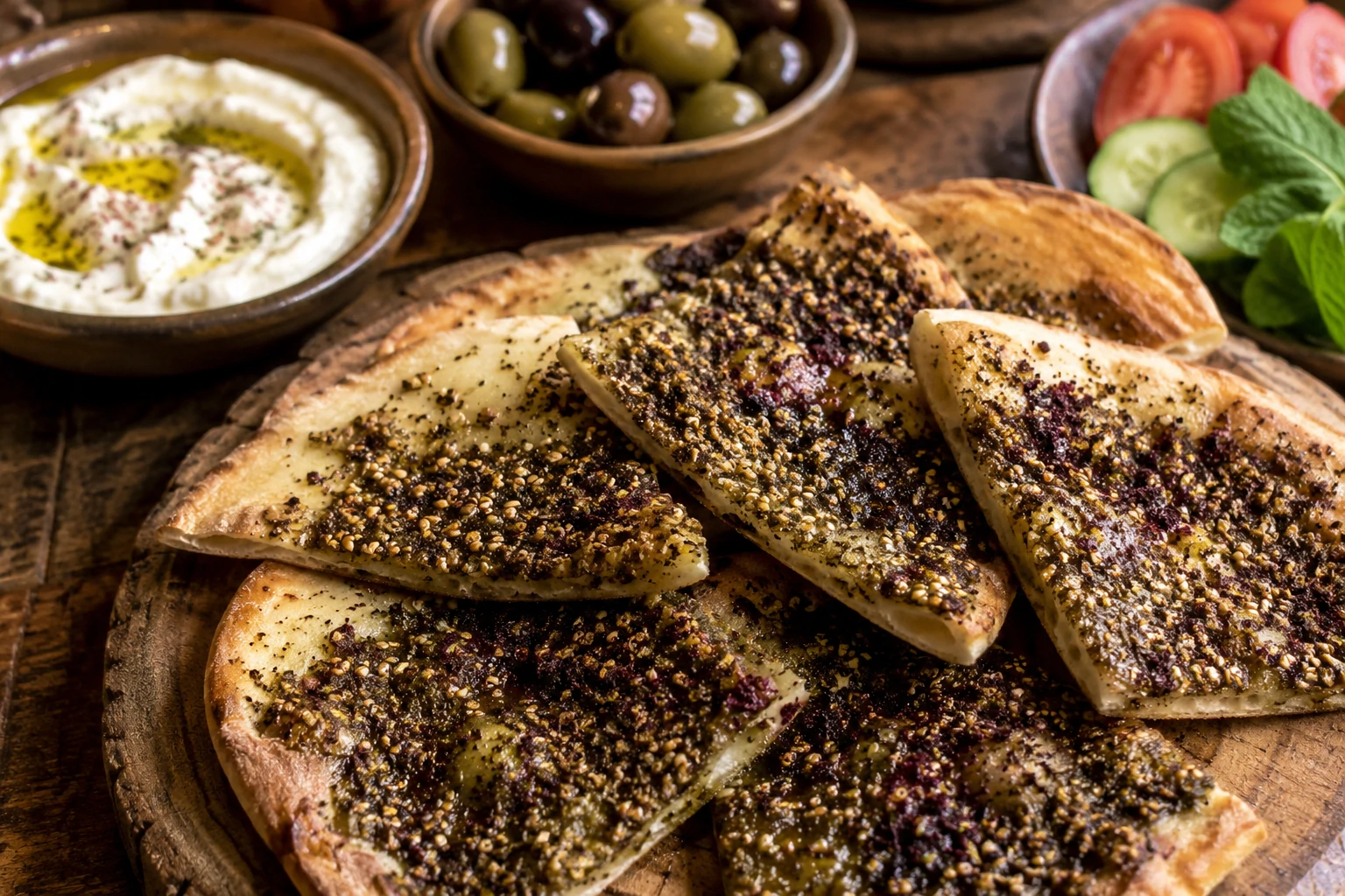 أرغفة خبز طابون فلسطيني محمصة ومغطاة بزيت الزيتون والزعتر الأخضر مع السماق الأحمر، تقدم على طبق خشبي تقليدي مع زيتون ولبنة، مشهد دافئ ومليء بالتراث