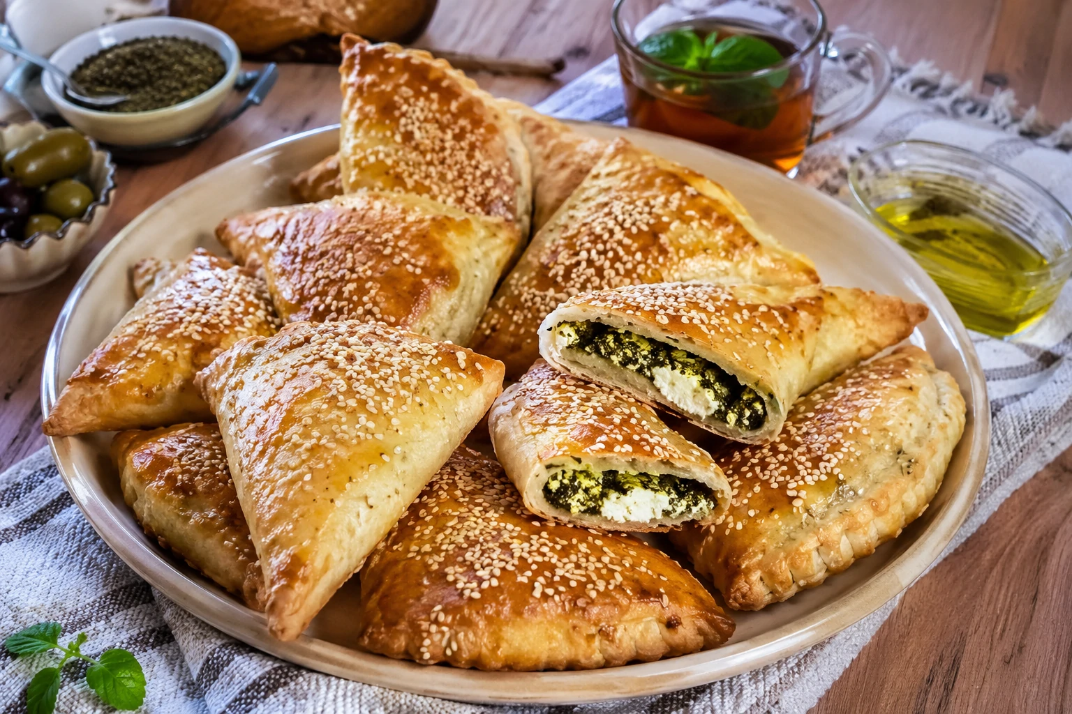 طريقة-عمل-معجنات فلسطينية بالزعتر الأخضر والجبنة البيضاء الذائبة، ذهبية اللون ومخبوزة على صينية مع كوب شاي نعناع