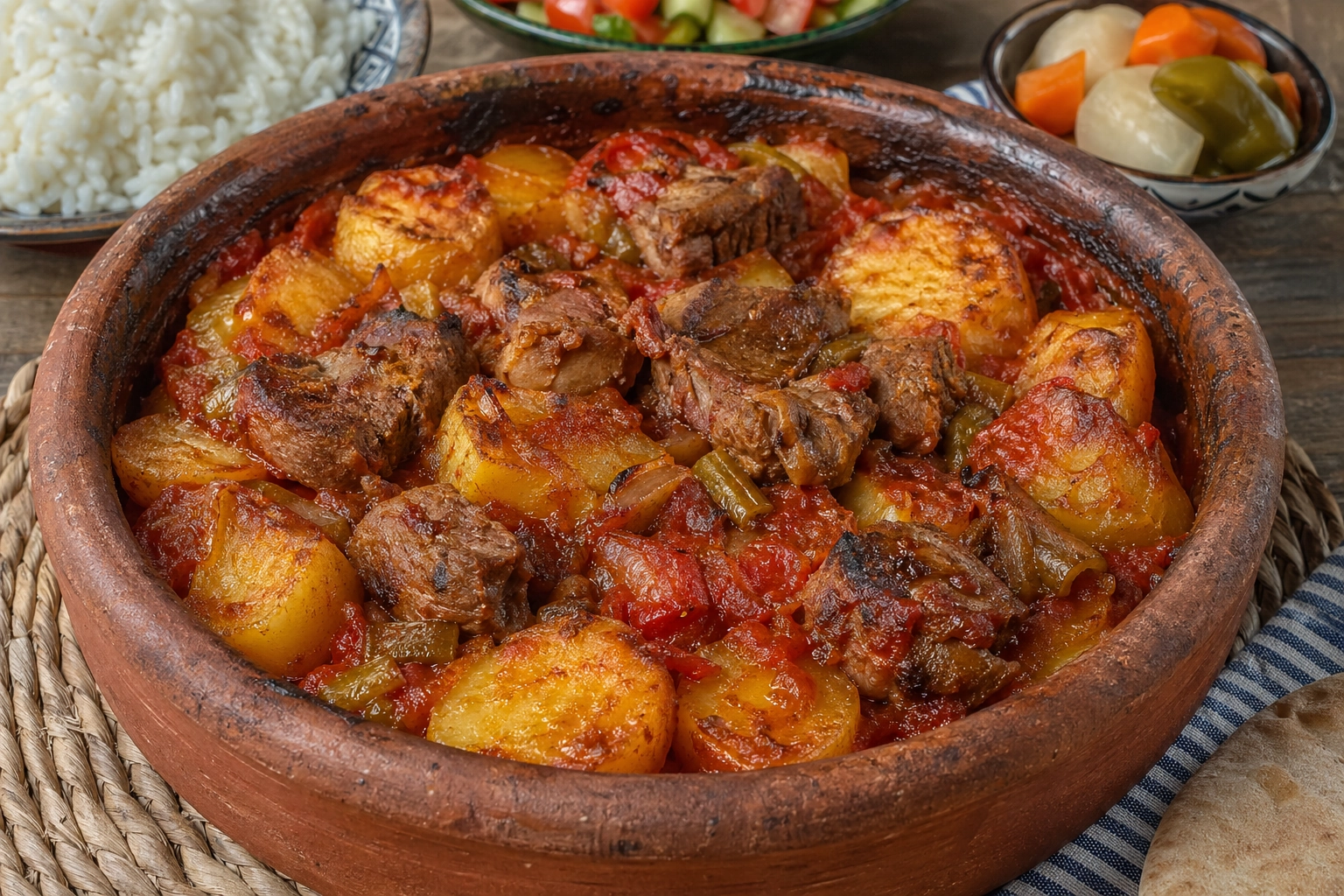 طريقة-عمل-طاجن بطاطس باللحمة في فرن فخاري مع صلصة طماطم غنية وقطع لحم ضاني طري وشرائح بطاطس ذهبية