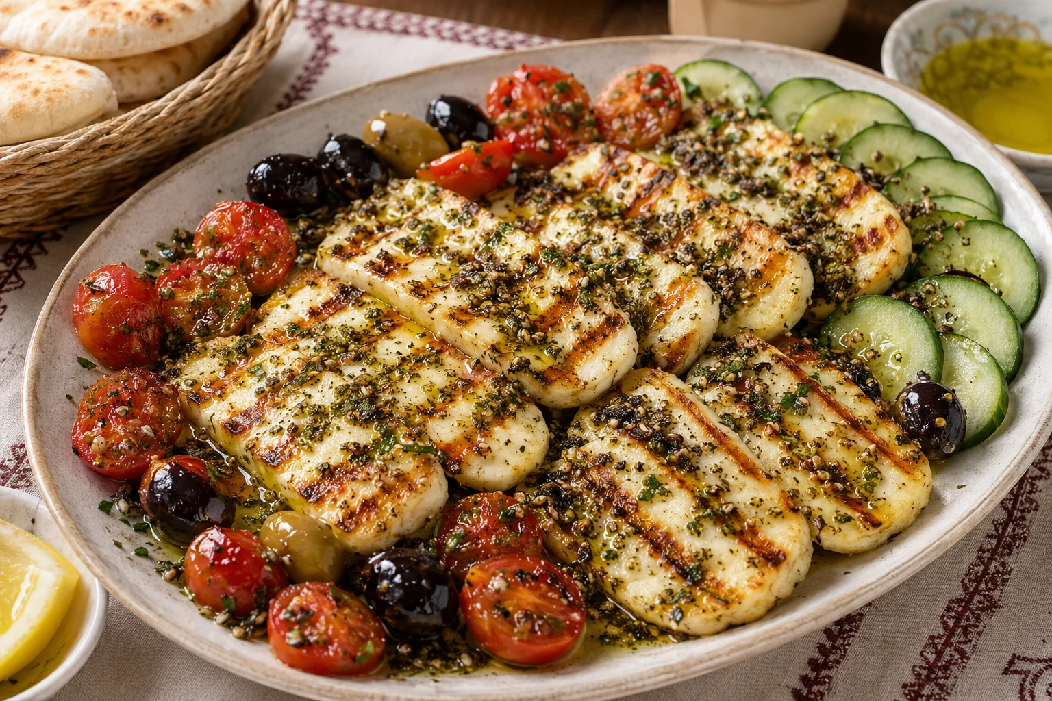 طبق جبنة حلوم قطرية مشوية بخطوط ذهبية ومغطاة بالزعتر الأخضر وزيت الزيتون، تقدم مع خبز محمص وطماطم كرزية وزيتون، على مائدة إفطار قطرية أنيقة
