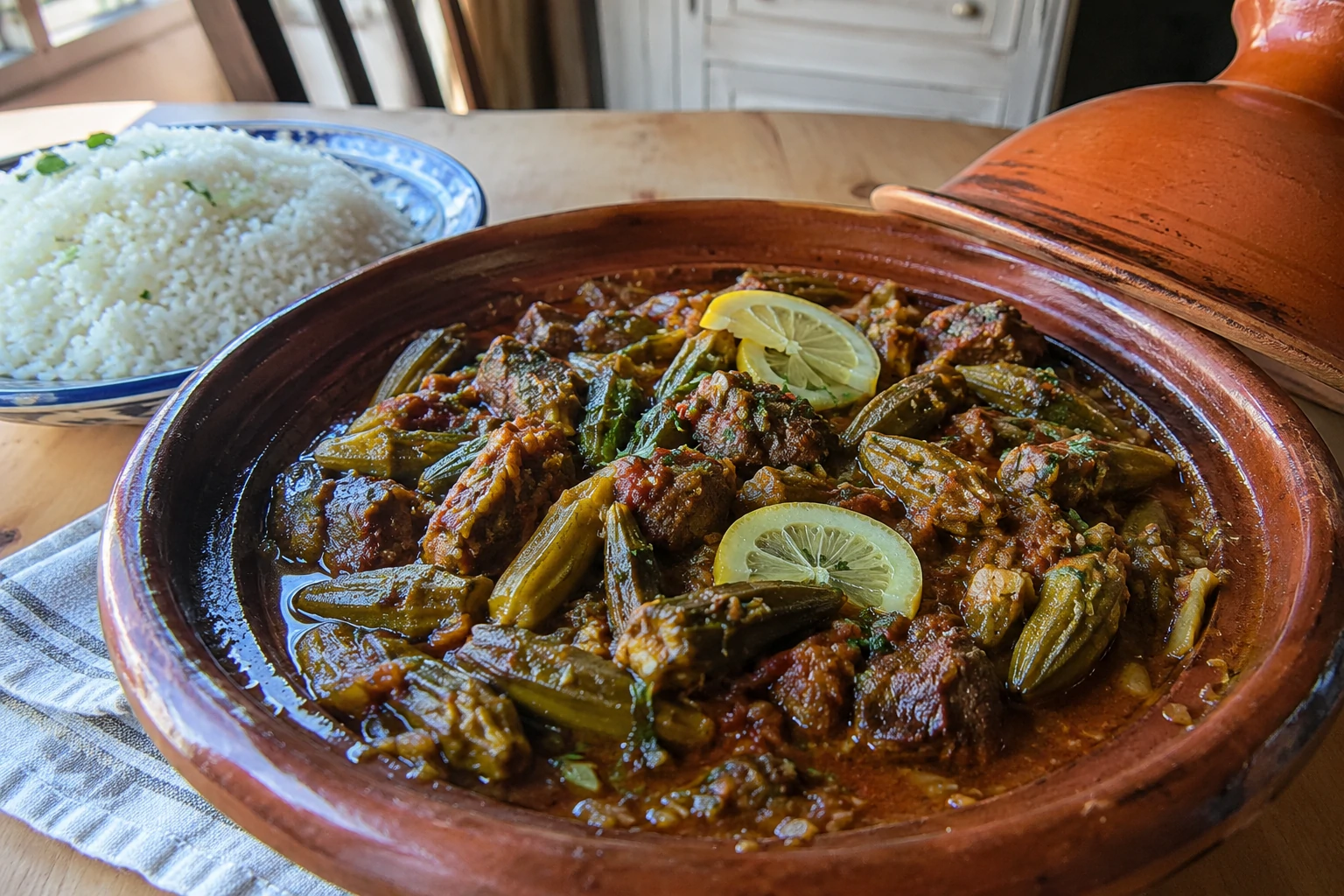طريقة-عمل-طاجن بامية قطري باللحم الضأن والثوم في صلصة طماطم مكرملة، يقدم في طبق فخاري تقليدي مع الأرز الأبيض