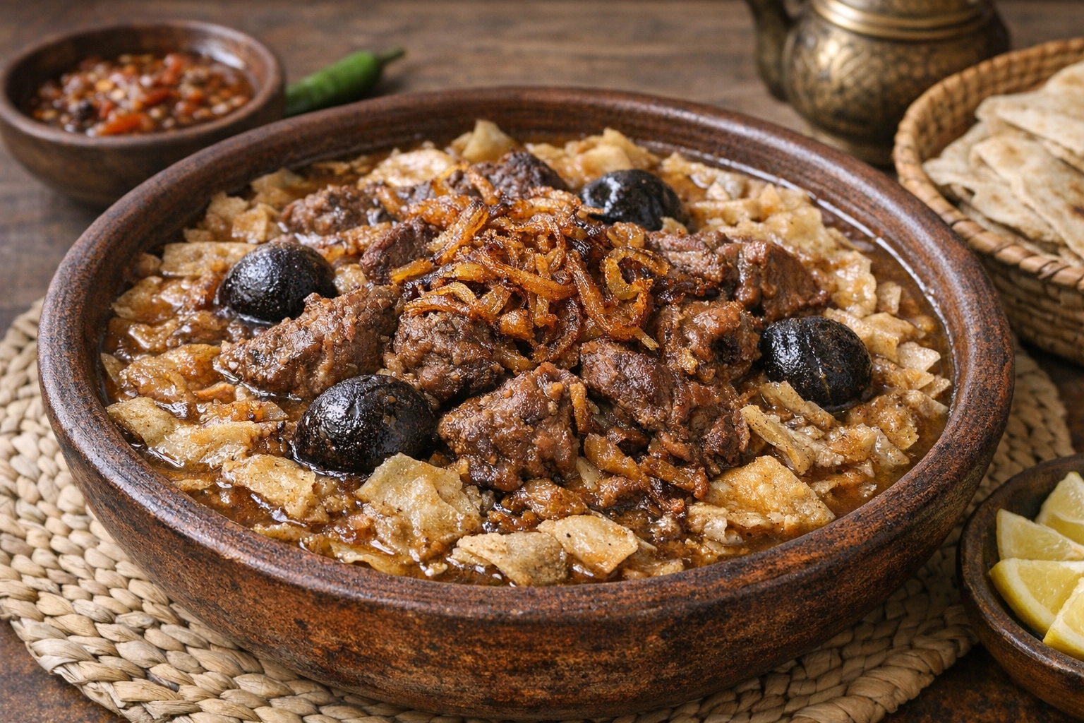 طريقة-عمل-طبق خزف تقليدي مملوء بقطع رقائق الرقش الرقيقة مغمورة بمرق اللحم البني الداكن مع قطع لحم حاشي أو غنم متفتتة وبصل محمر