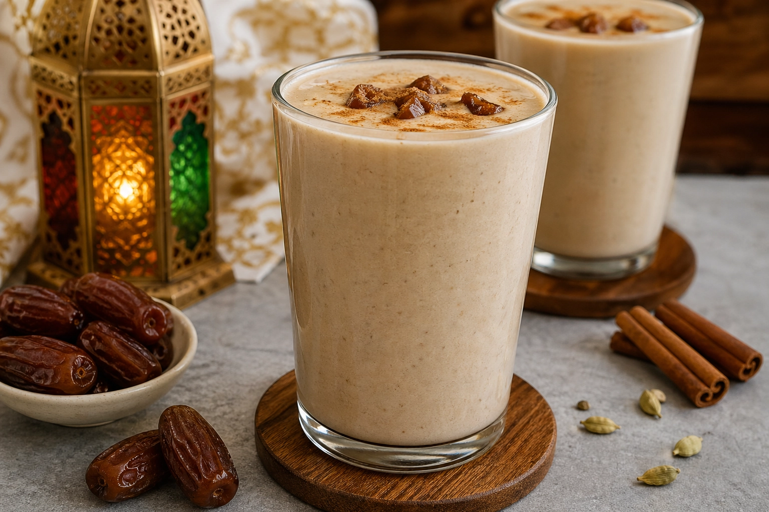 كوب زجاجي طويل من مشروب التمر باللبن الكريمي مع حبات تمر كاملة للتزيين، في أجواء إفطار رمضاني عربي