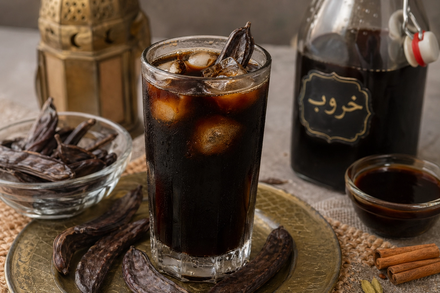 كوب زجاجي طويل من مشروب الخروب البارد الداكن مع مكعبات ثلج وحبات خروب كاملة للتزيين على طاولة رمضانية