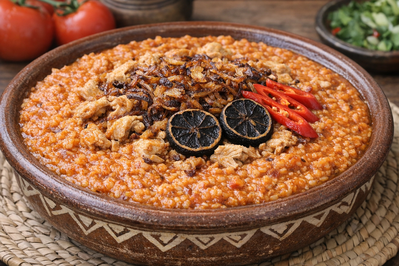 طريقة-عمل-طبق خزف نجدي كبير مملوء بالجريش الأحمر المطبوخ مع قطع الدجاج المتفتتة، مزين بالبصل المحمر وشرائح الليمون الأسود والفلفل الأحمر الحار