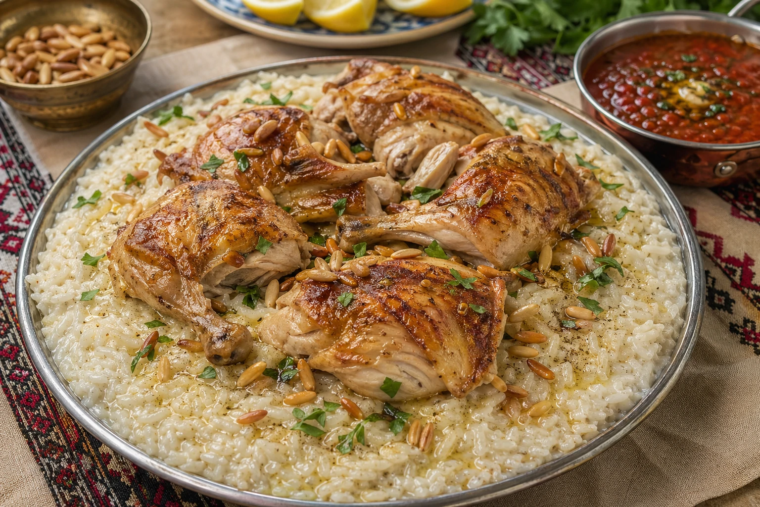 طبق سليق الدجاج السعودي بالأرز المفلفل الكريمي بالحليب والهيل ومعه دقوس الطماطم الحار والسمن البري
