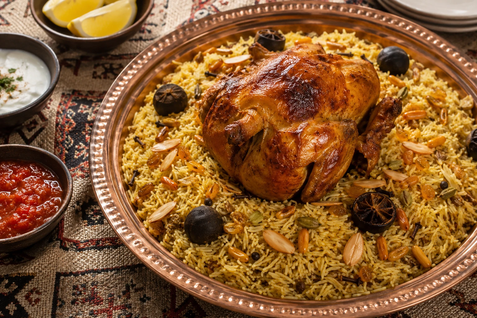 طبق تقديم نحاسي كبير يحمل كبسة دجاج سعودية ذهبية اللون، يتصدره دجاجة كاملة مشوية بالفرن بلون محمر لامع، الأرز البسمتي طويل الحبة مفلفل ومتبل بالزعفران والهيل والقرنفل، مزين باللوز المحمص والزبيب الذهبي وشرائح الليمون المجفف (لومي)، على مفرش عربي تقليدي بجانب طبق سلطة الدقوس الحارة