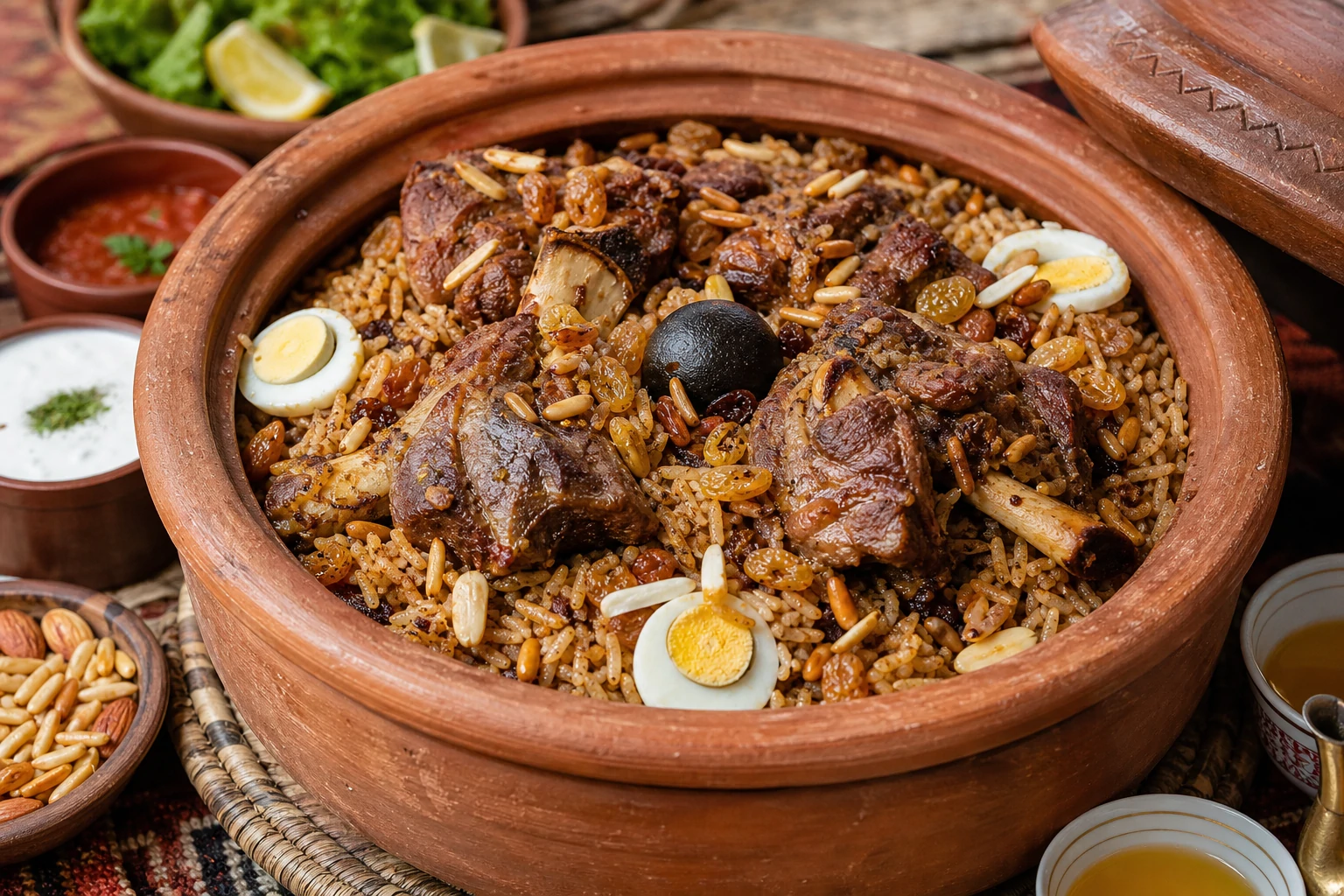 طبق رز حساوي سعودي في قدر فخاري، أرز بني مدخن مفلفل مع قطع لحم ضأن متبلة بالبهارات الخليجية واللومي، مزين بالمكسرات والزبيب على مائدة تراثية أحسائية