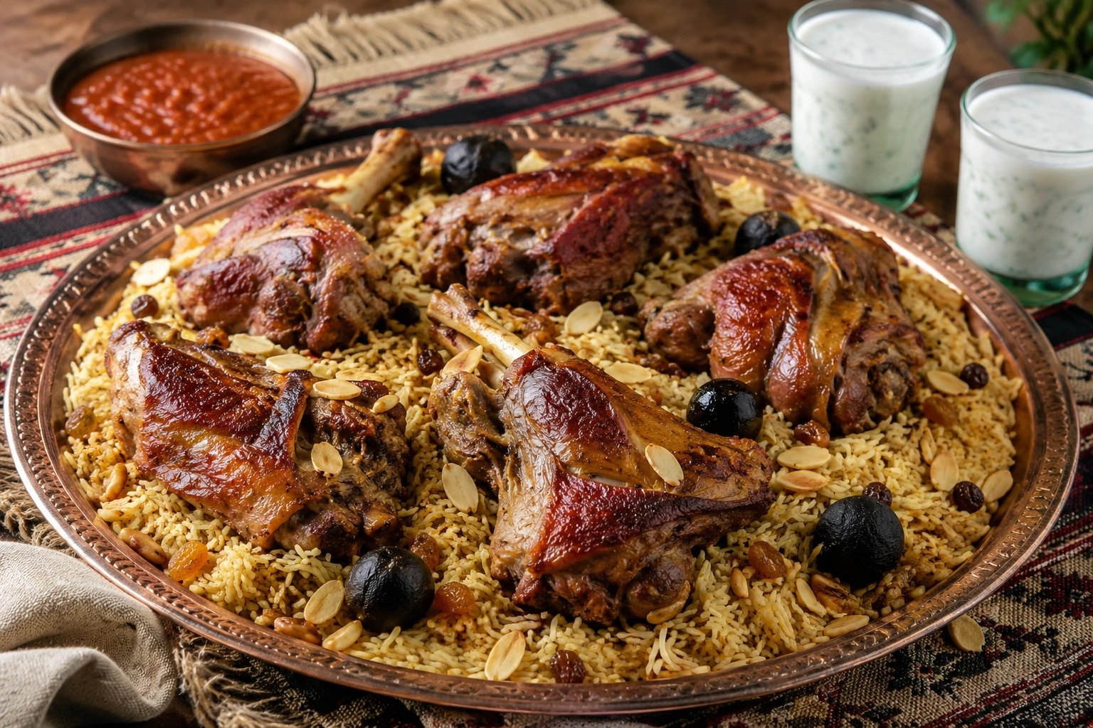 طبق تقديم نحاسي كبير يحمل كبسة لحم سعودية ذهبية اللون، يتصدره قطع لحم غنم طرية بالعظم بلون محمر لامع، الأرز البسمتي طويل الحبة مفلفل ومتبل بالزعفران والهيل والقرنفل، مزين باللوز المحمص والزبيب الذهبي وشرائح الليمون المجفف (لومي)، على مفرش عربي تقليدي بجانب طبق سلطة الدقوس الحارة وكاسات اللبن