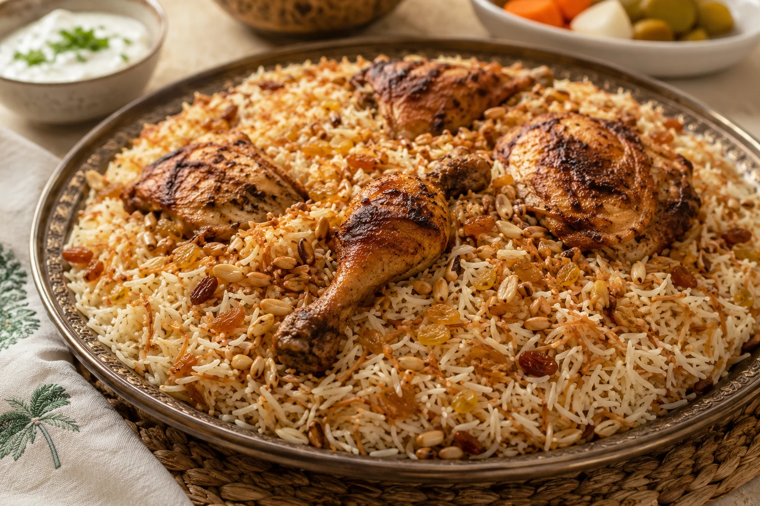 طبق أرز سعودي بالشعيرية والصنوبر، حبات أرز بسمتي بيضاء مفلفلة مع شعيرية ذهبية محمصة وصنوبر مقرمش، يقدم في طبق كبير مع قطع الدجاج المشوي والمكسرات