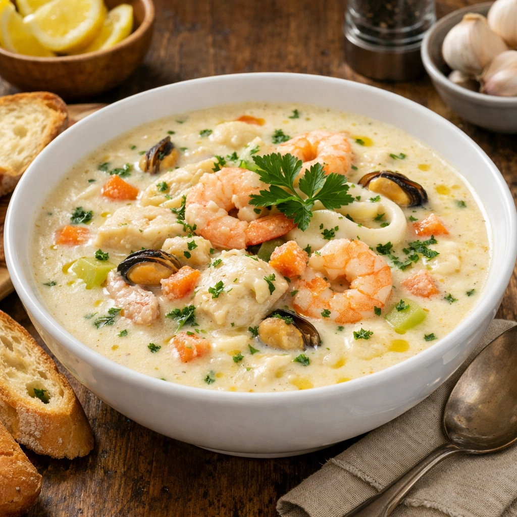 طريقة-عمل-شوربة سي فود بالكريمة والثوم طبق فرنسي فاخر غني بالنكهات