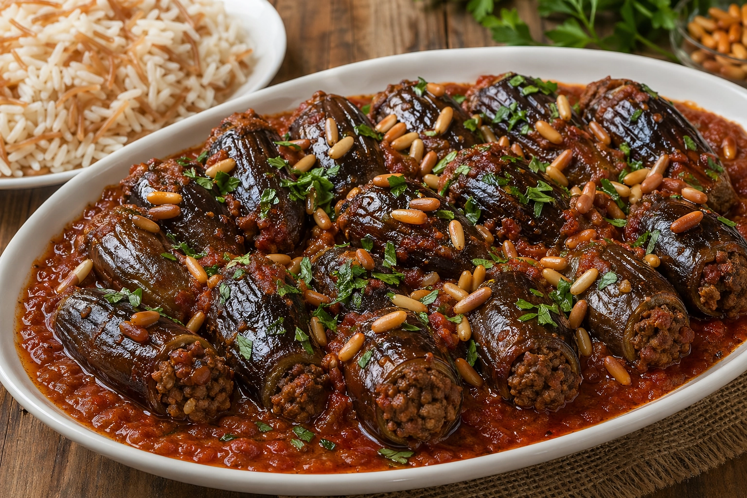 طريقة-عمل-طبق شيخ المحشي اللبناني باذنجان محشو باللحم والصنوبر في صلصة الطماطم المكرملة مع أرز بالشعيرية