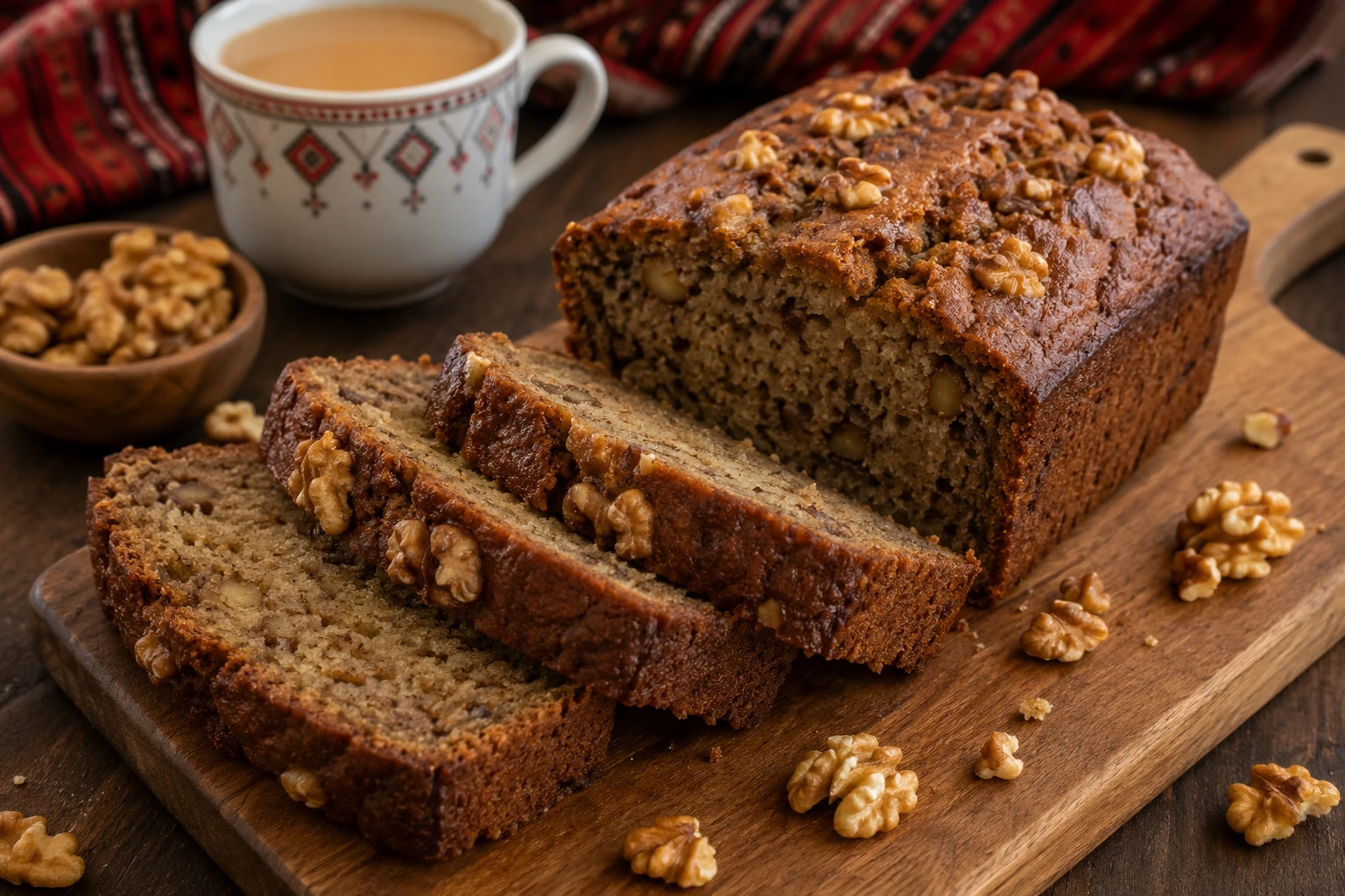 رغيف خبز موز صومالي طري ورطب بقطع الجوز والقرفة، مقطع إلى شرائح سميكة على طاولة خشبية مع كوب شاي صومالي