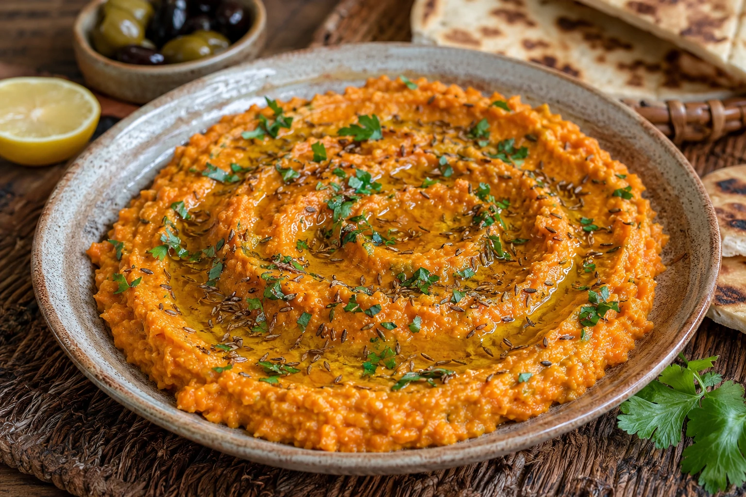 طبق متبل الجزر بالكمون والثوم الصومالي بقوام كريمي أملس، مزين بزيت الزيتون والكمون المحمص والكزبرة الطازجة، مع خبز صومالي محمص