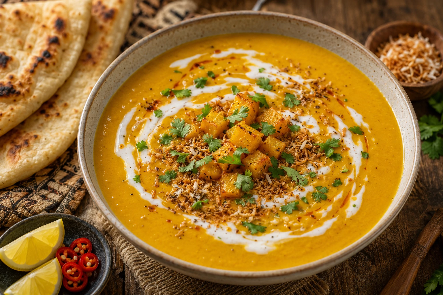 طبق شوربة عدس أحمر بالقرع وجوز الهند بقوام مخملي مزينة بحليب جوز الهند والكزبرة الطازجة مع خبز صومالي